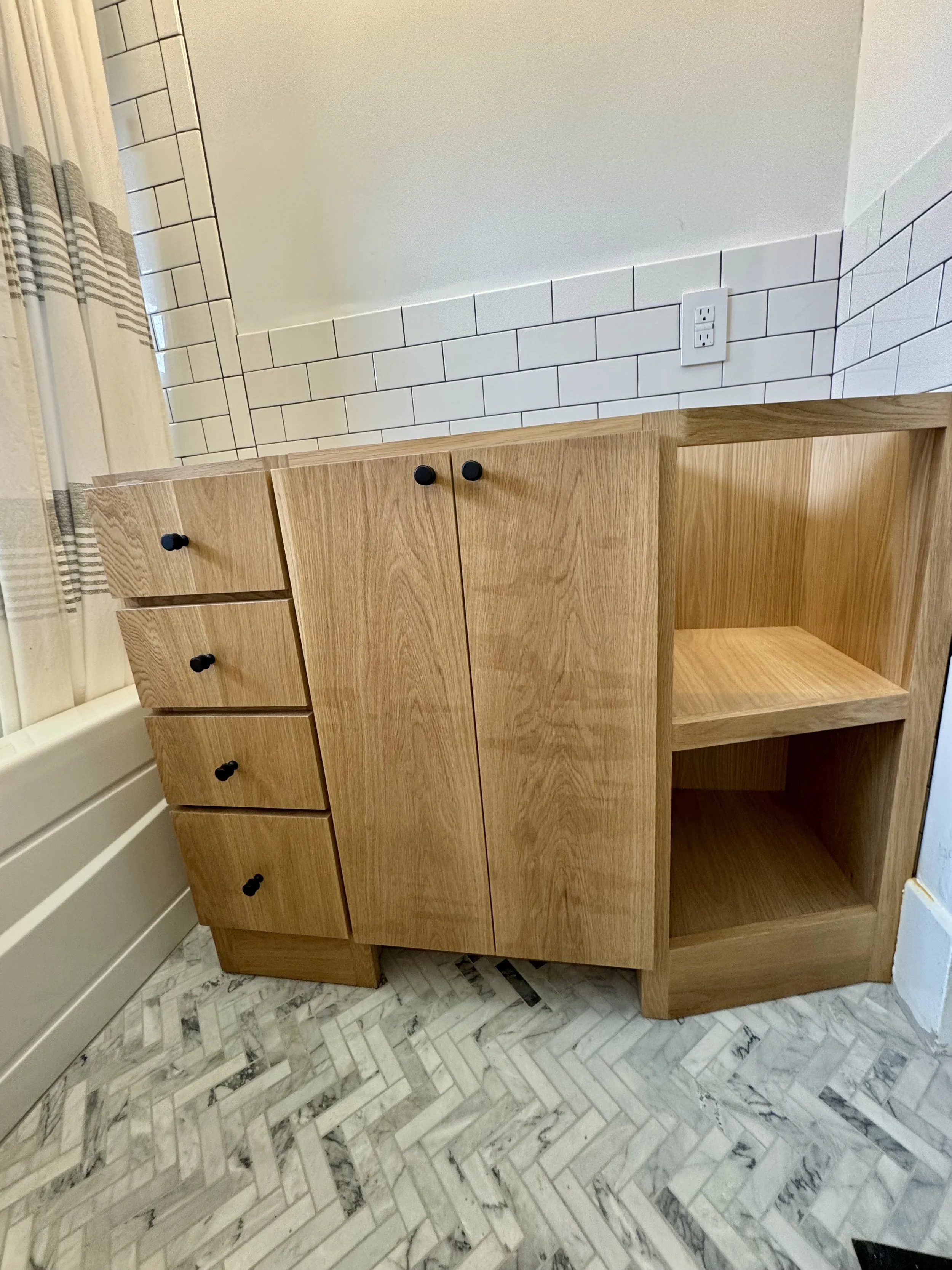 white oak single sink vanity
