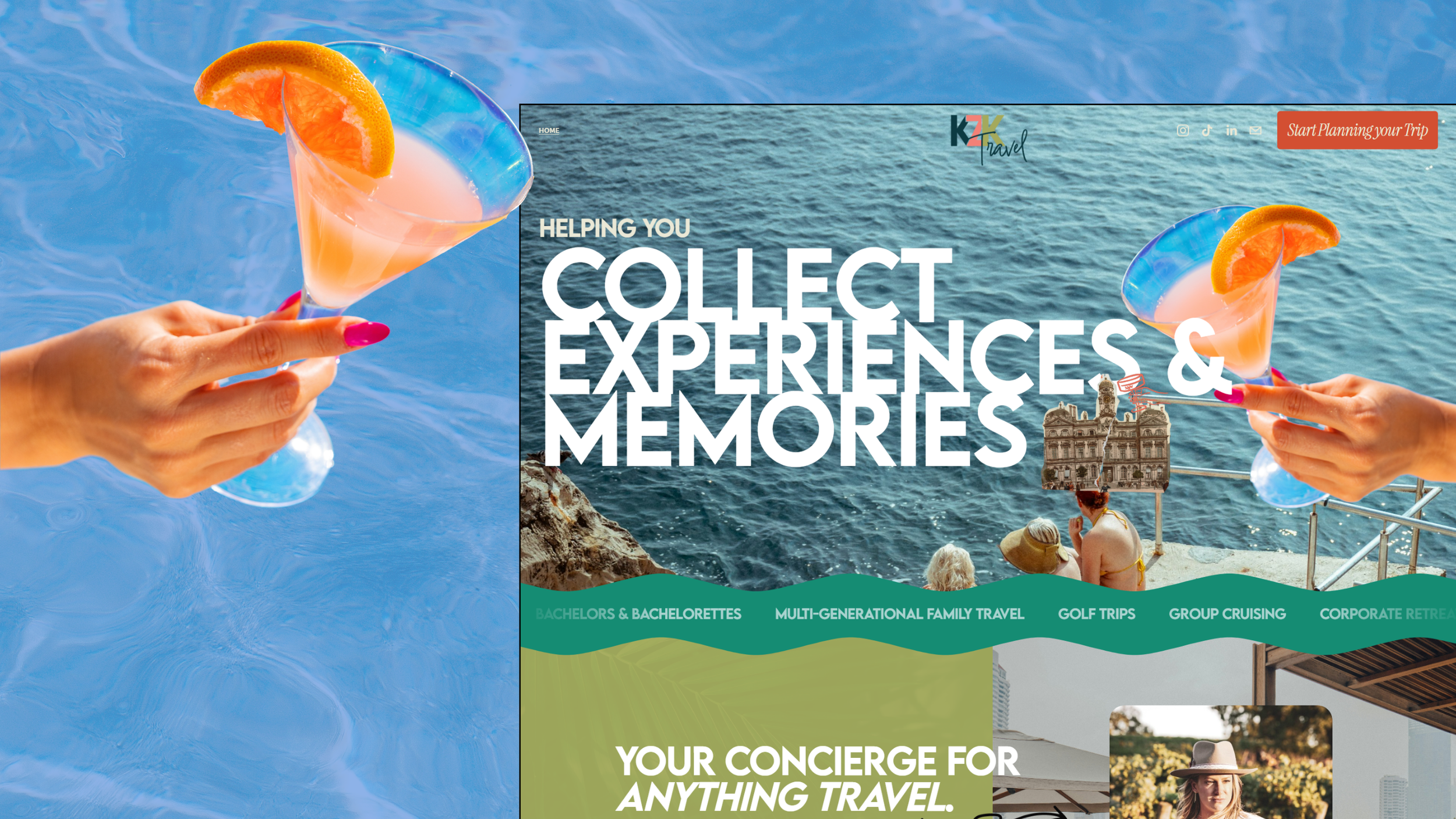 Brochure for a travel planning service showing a woman holding a cocktail with an orange slice against a pool background, with images of the ocean, a woman in a hat, airplane icons, and promotional text about travel experiences and connections.