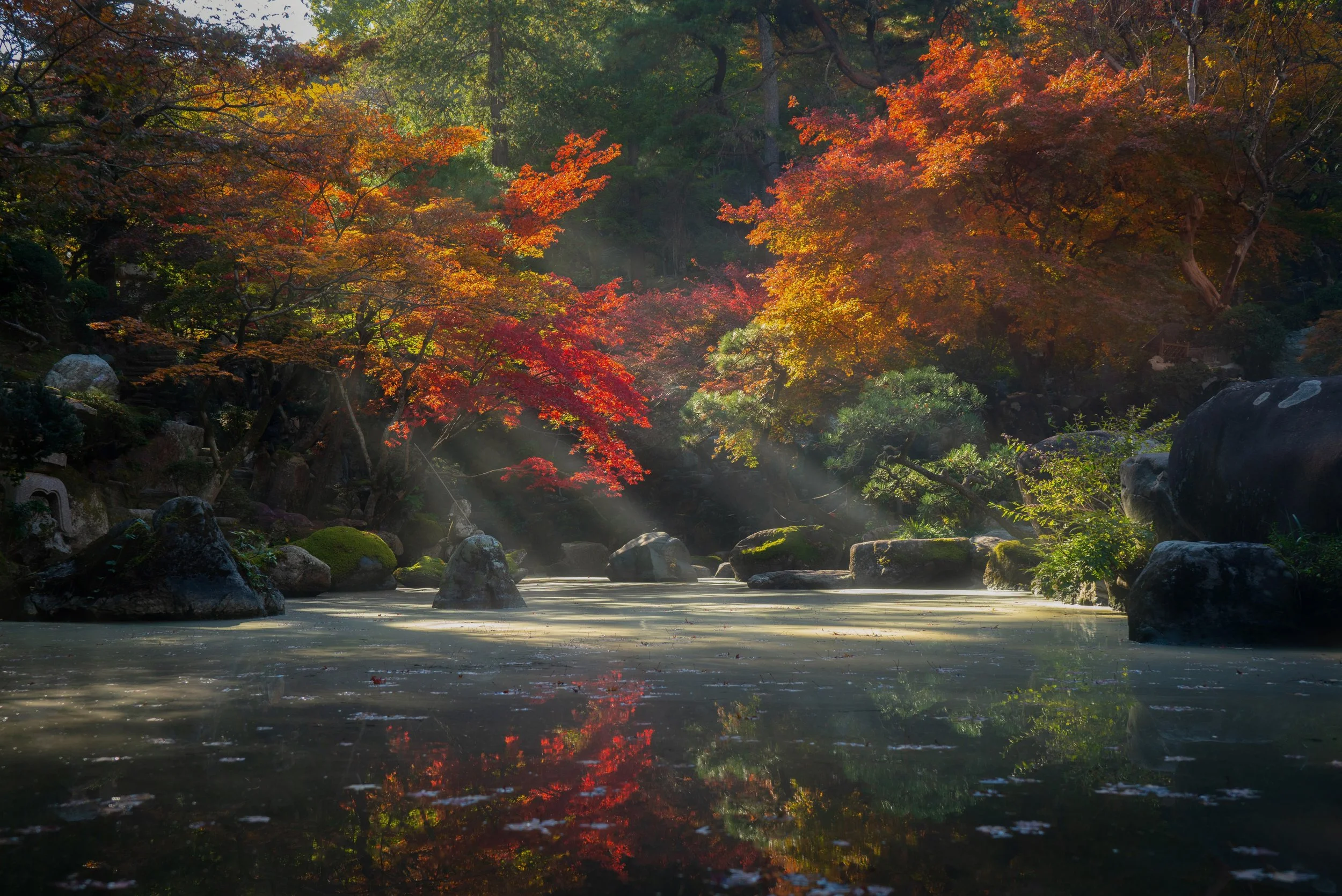 Autumn scene with colorful trees, rocks, and a calm body of water reflecting the vibrant fall foliage.