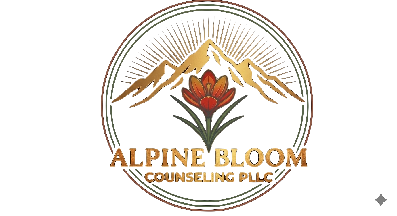Logo for Alpine Bloom Counseling PLLC featuring a mountain range, a flower, and the business name in gold text.
