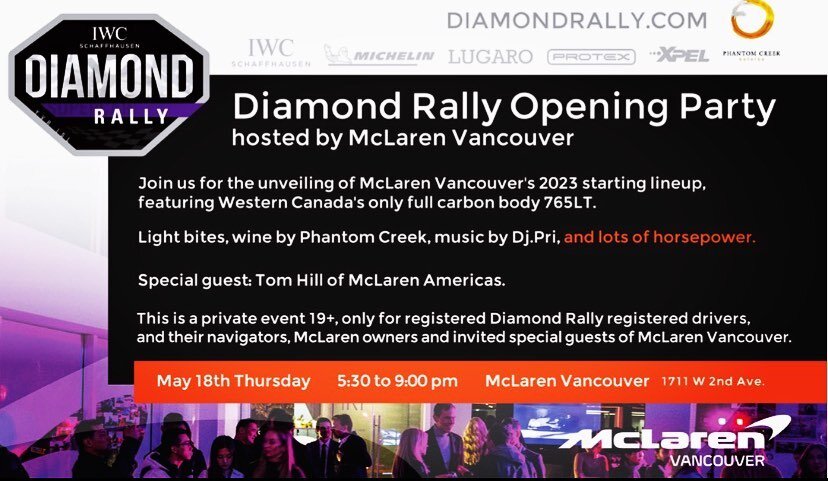 Exclusive invitation for registered Diamond Rally Drivers &amp; Navigators.  Official invite coming soon to your inbox.