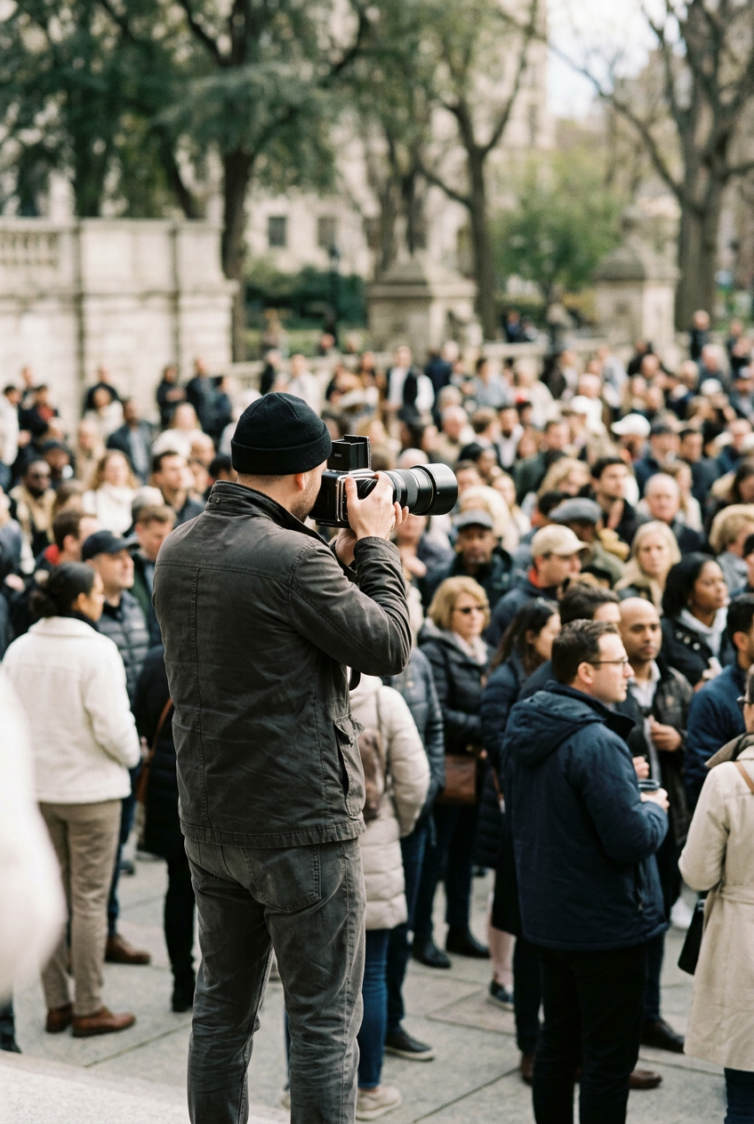 photographe de remplacement qui photographie une foule lors d'un mariage.