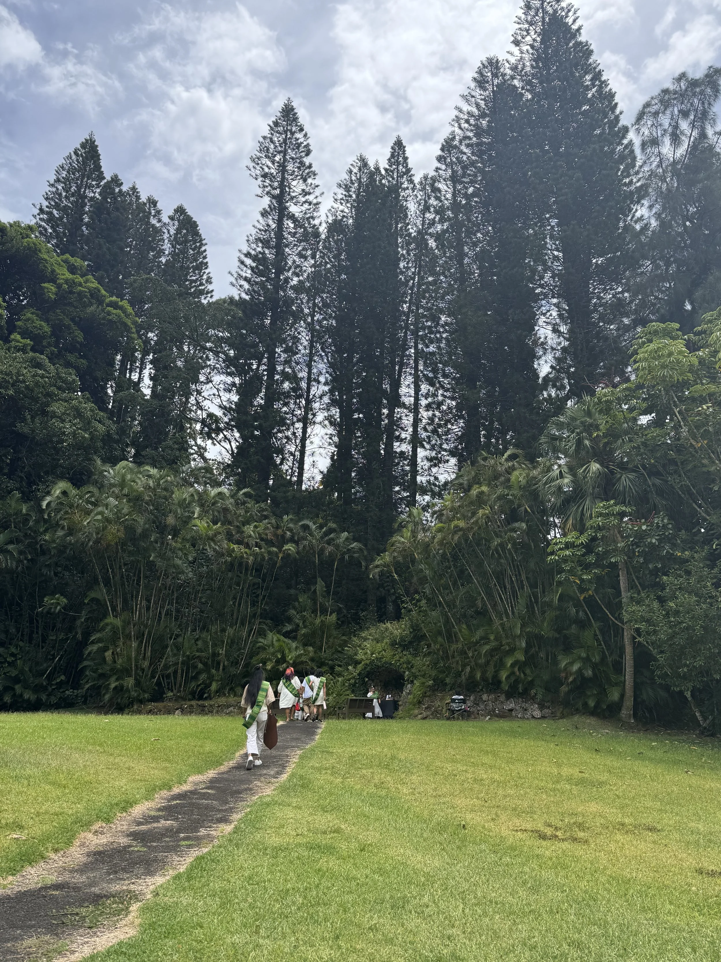 A group of people walking on a narrow dirt path through a lush, green park with tall trees and dense tropical vegetation, under a cloudy sky.