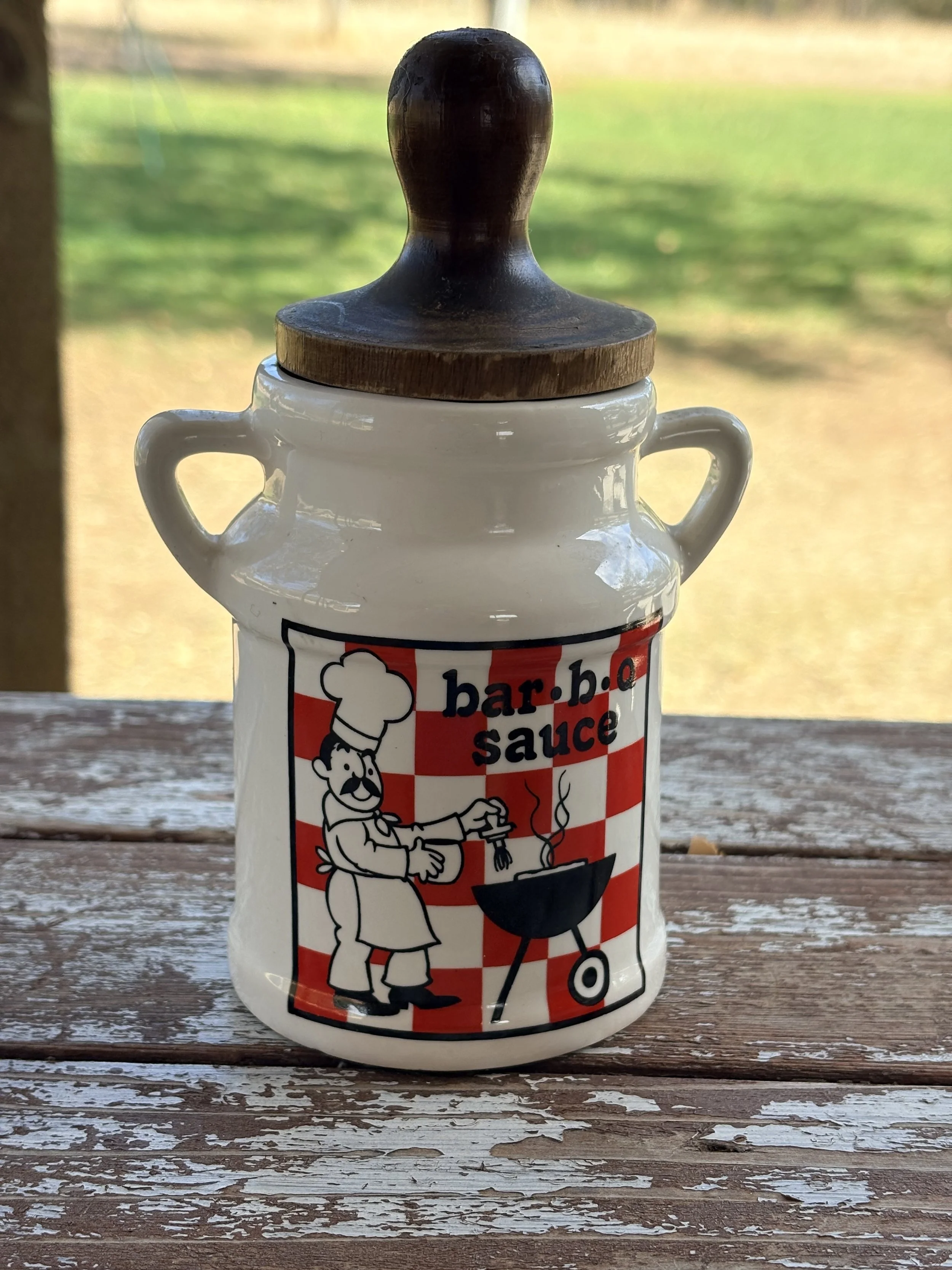 Vintage BBQ Sauce Container with Wooden Lid and Brush