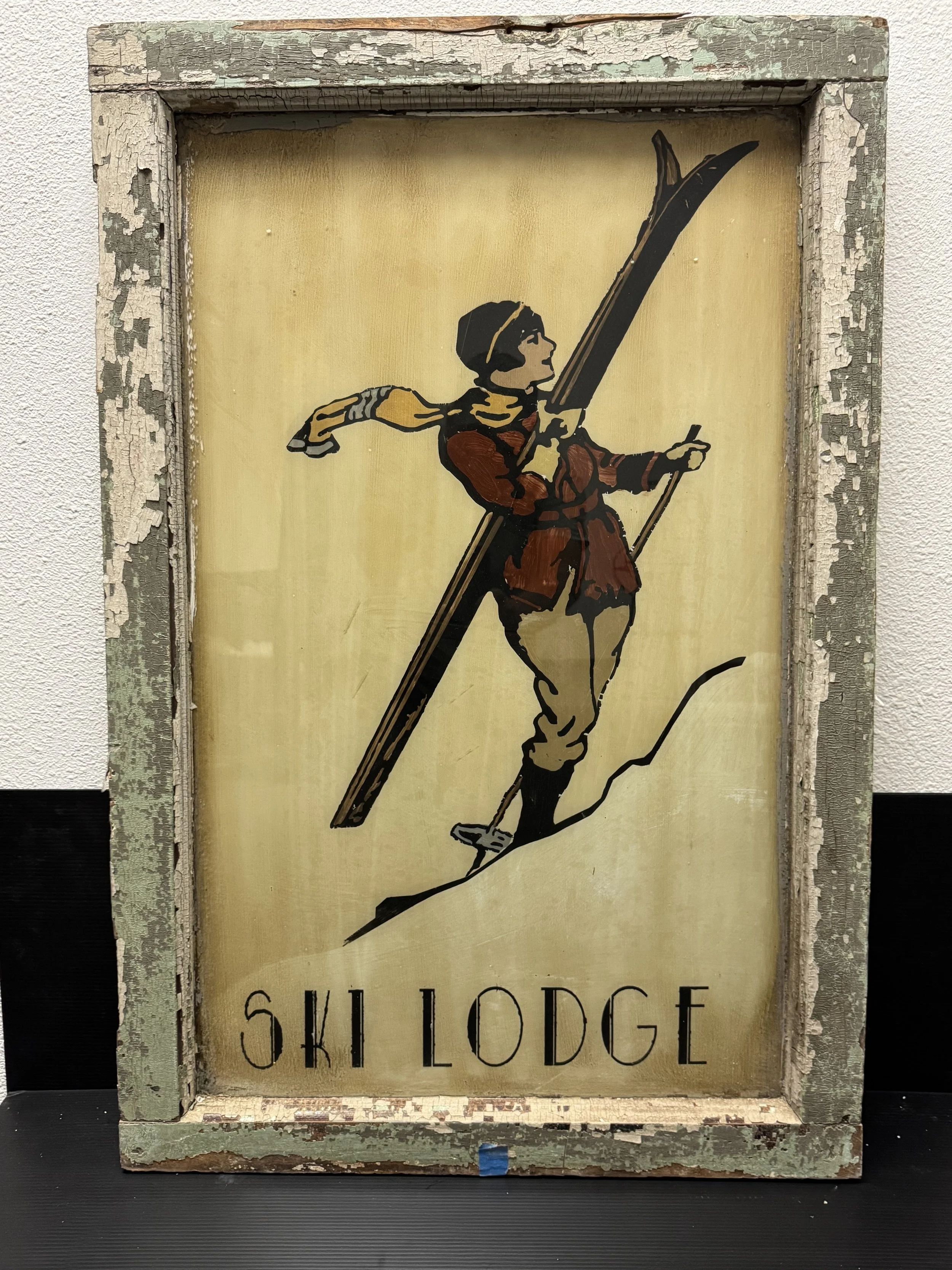 Vintage Hand-Painted Ski Lodge Window | Classic Retro