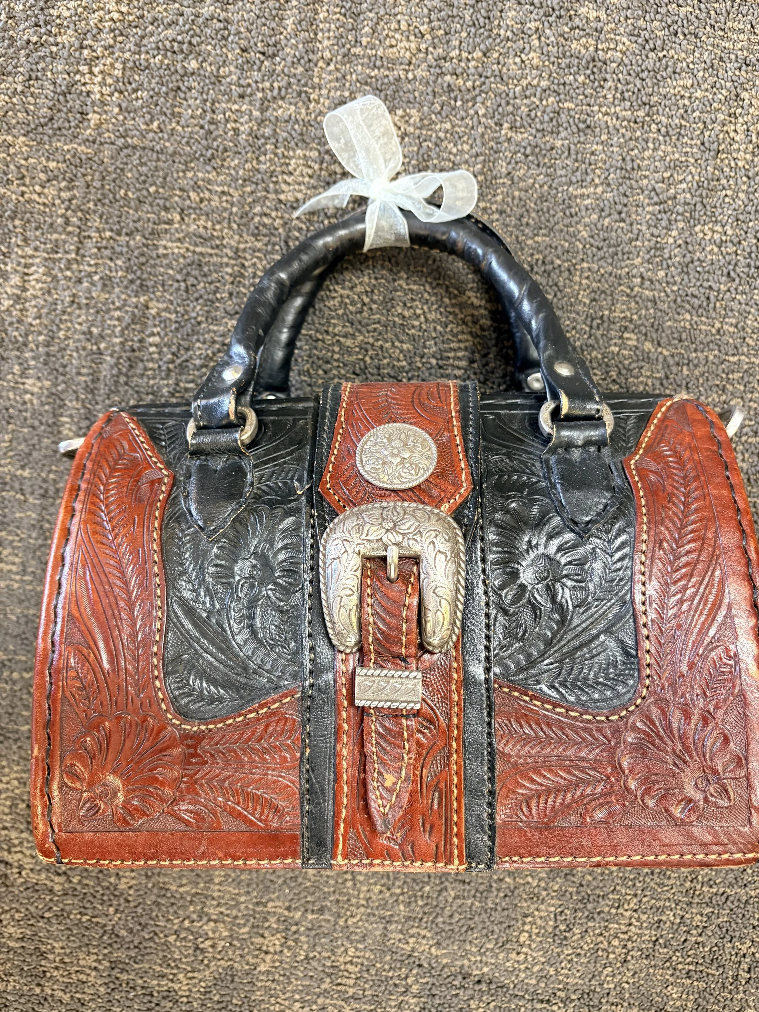 American West Vintage Tooled Leather Doctor's Bag Purse