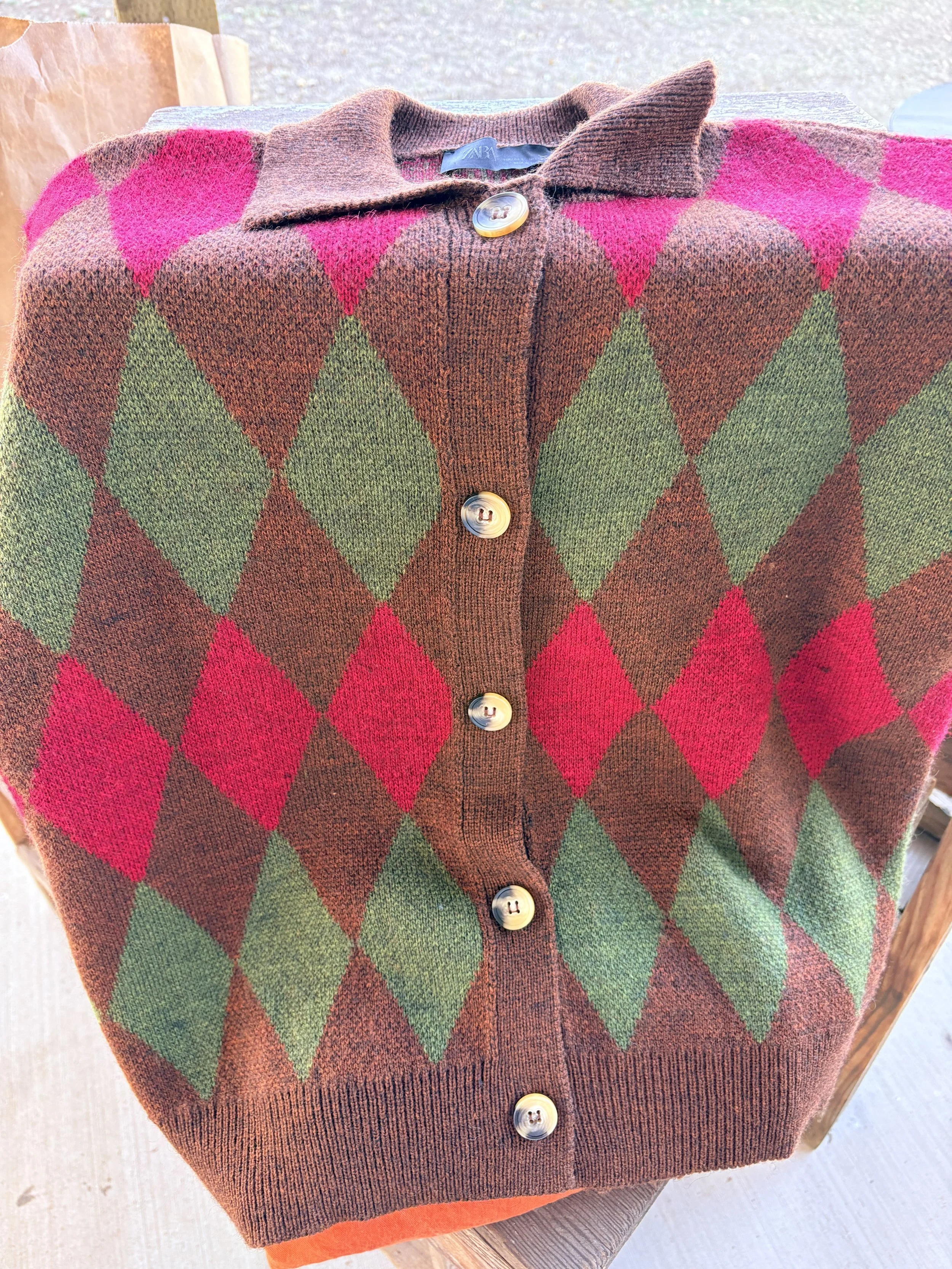 Zara Argyle Knit Polo Sweater