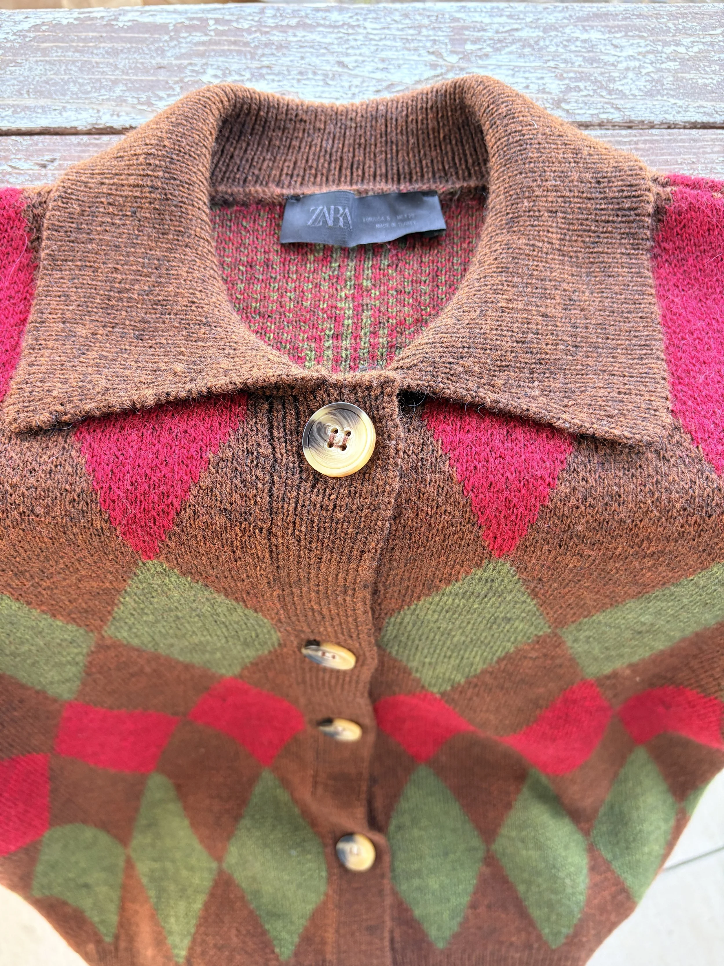 Zara Argyle Knit Polo Sweater