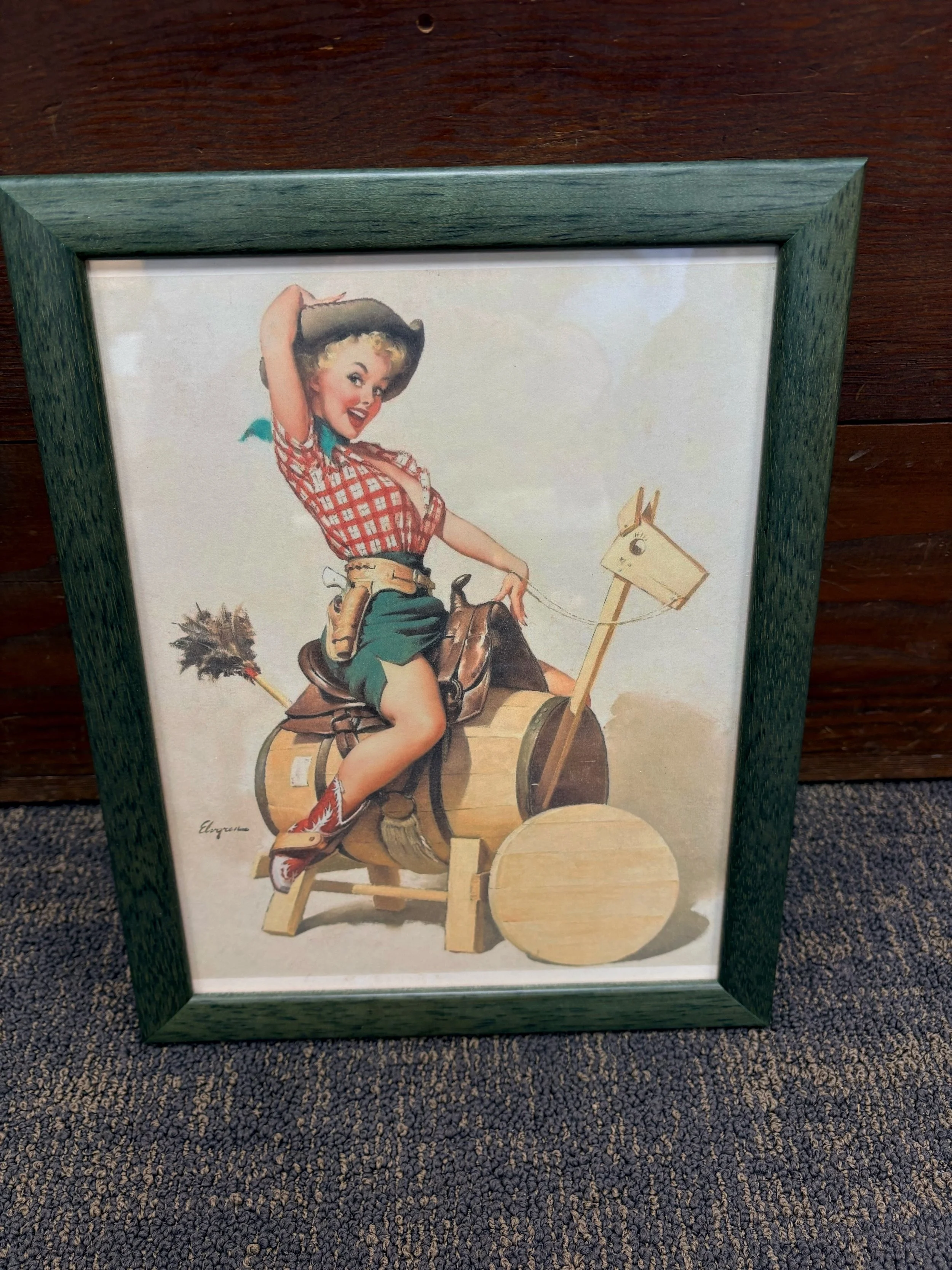 Elvgren Roudy Cowgirl Pin-Up Framed Art | Vintage Western