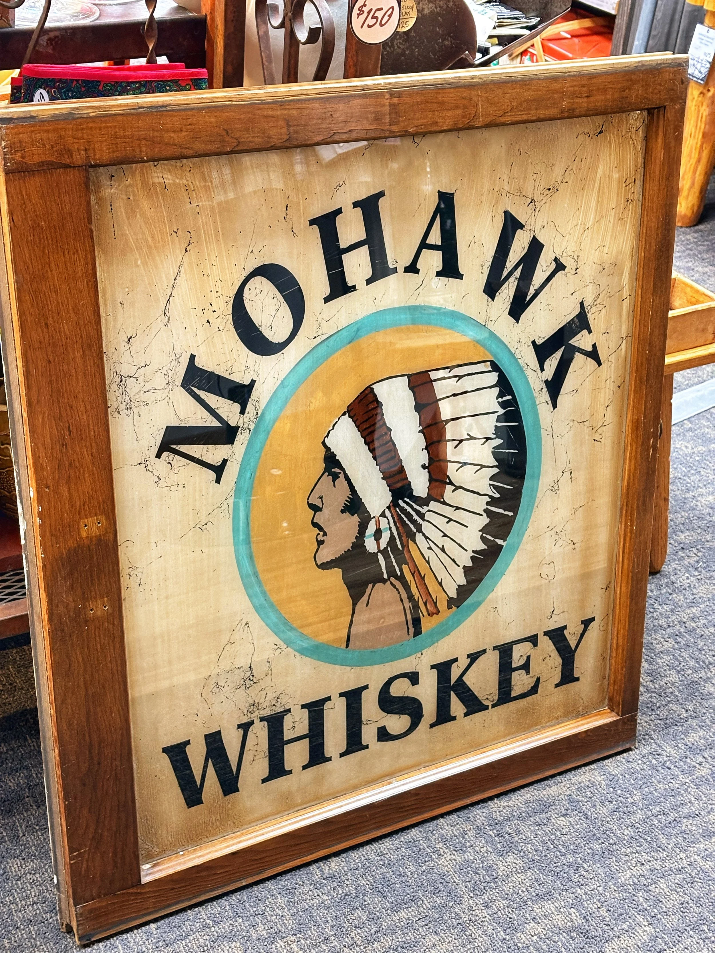 Mohawk Whiskey Hand Painted Vintage Window
