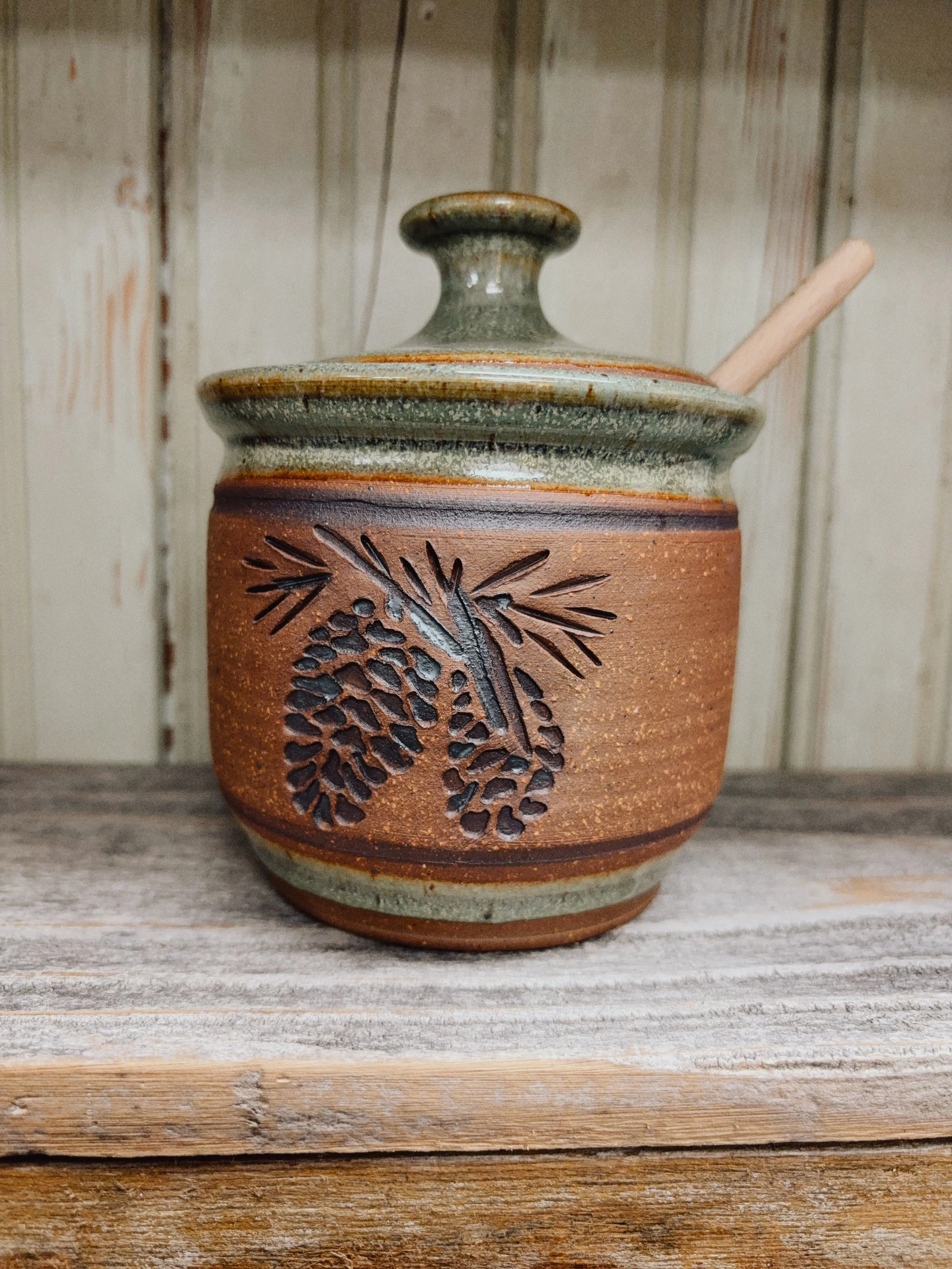 Rustic Pinecone Stoneware Pottery Honey Jar |  Rustic Charm