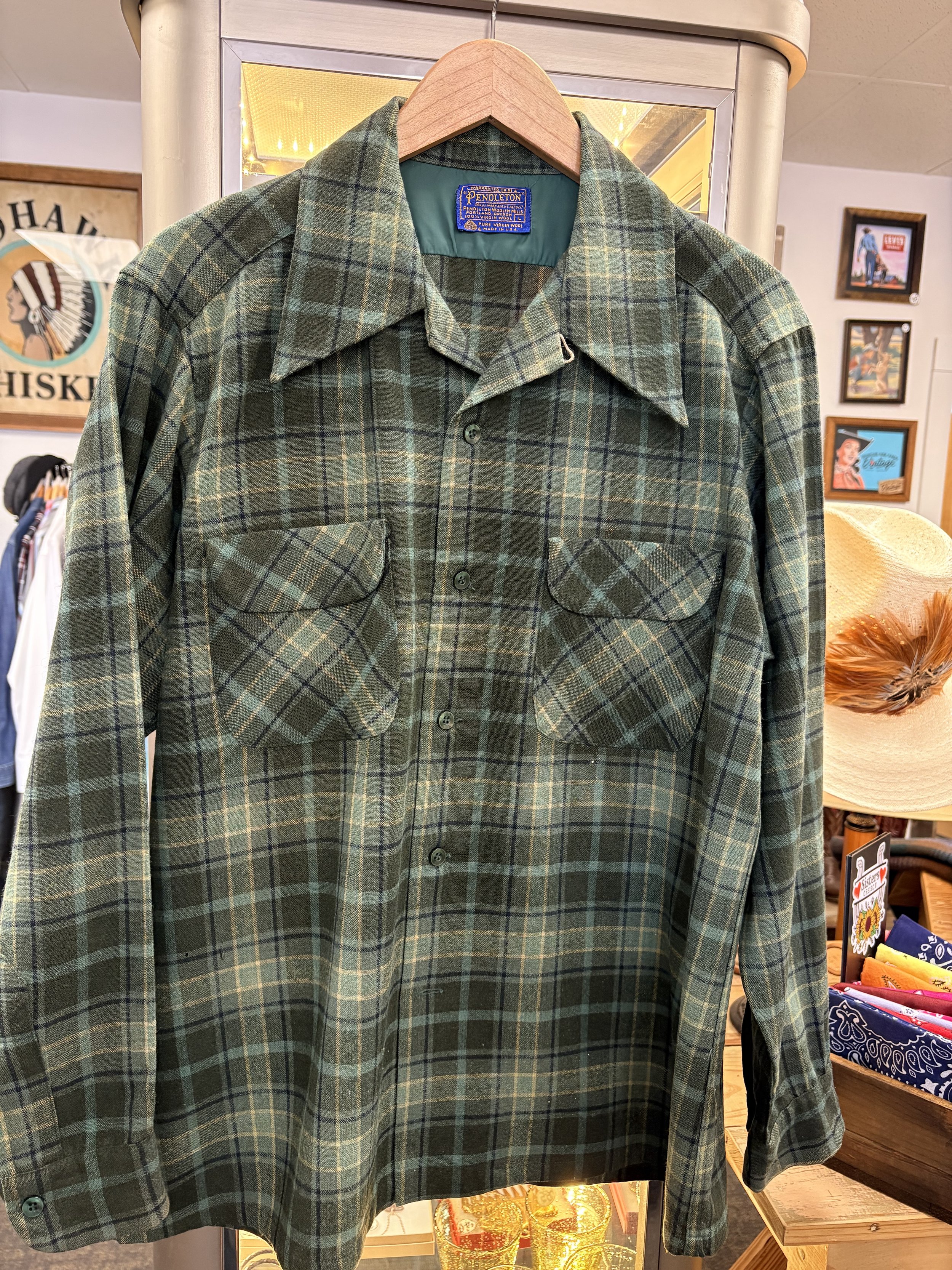 Vintage 60's Pendleton Green Plaid Wool Shirt | Size L