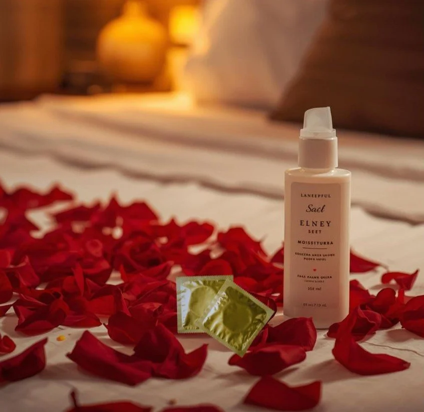 Water-based lubricant shown as part of preparation for comfortable first-time sex to reduce friction and protect vaginal tissues.