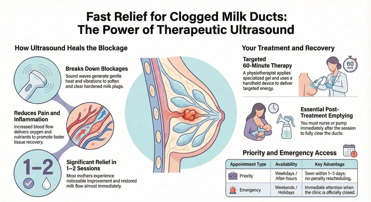 How therapeutic ultrasound helps treat clogged milk ducts by reducing inflammation, restoring milk flow, and relieving breastfeeding pain.
