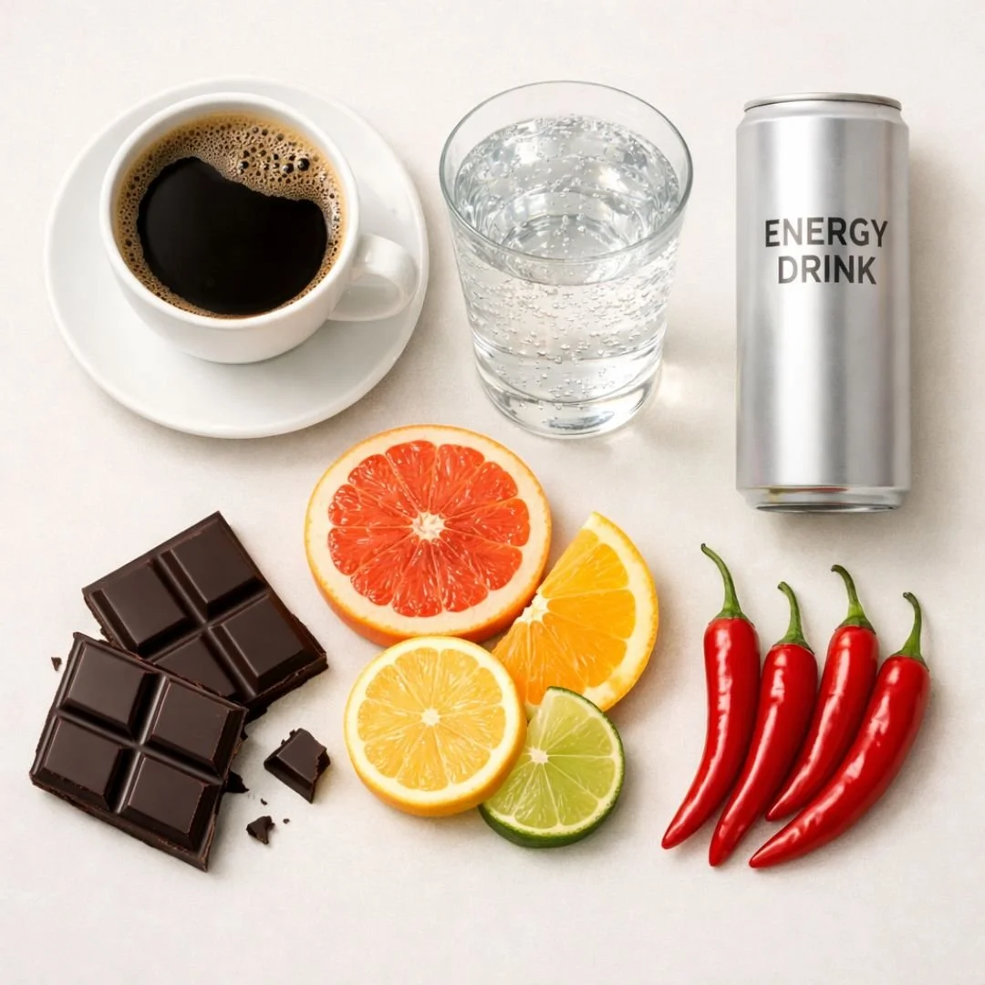Flat lay of common bladder irritants including coffee, sparkling water, citrus fruits, chocolate, and spicy foods.
