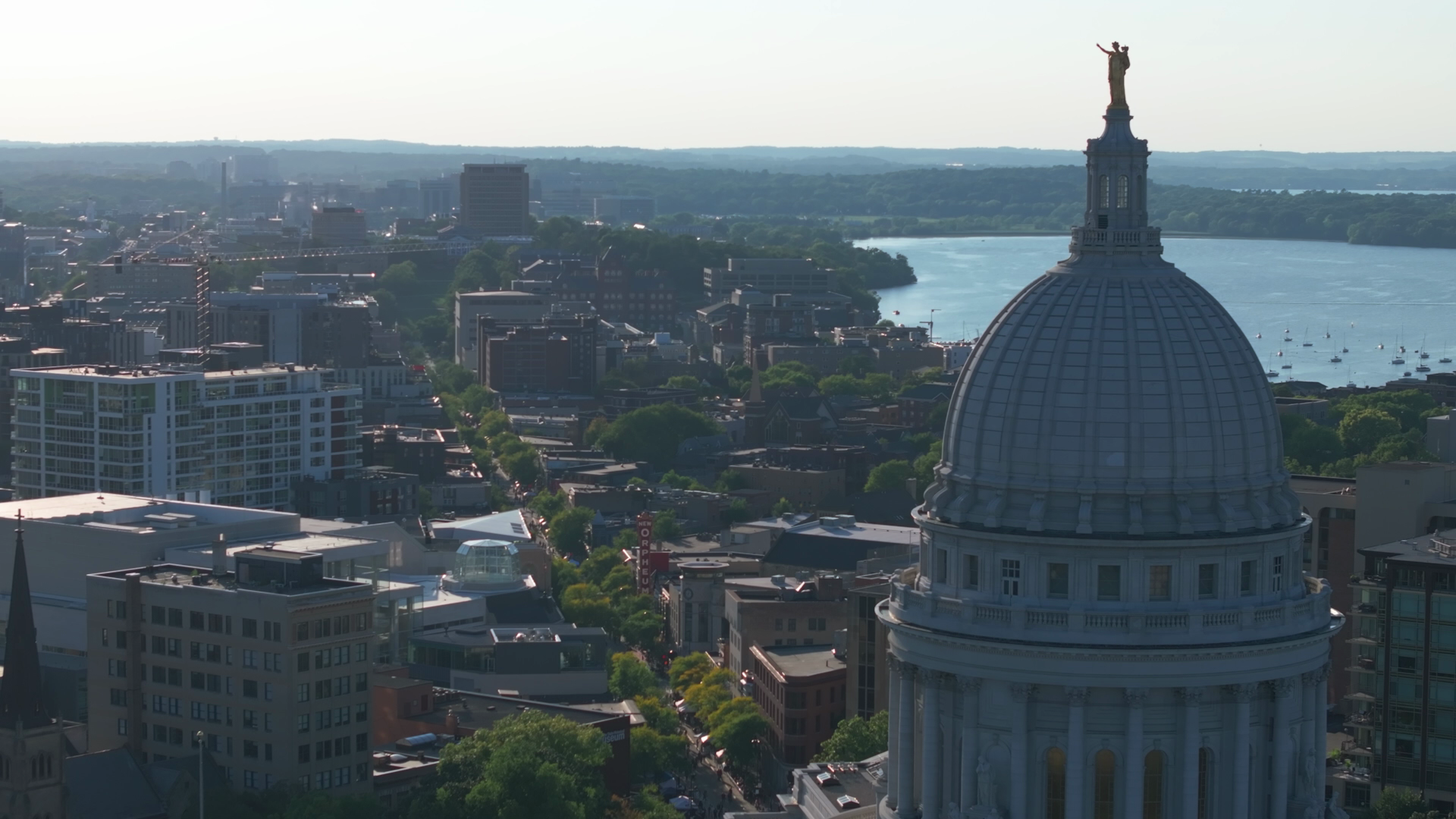 Drone Shot of Downtown Madison and Capital