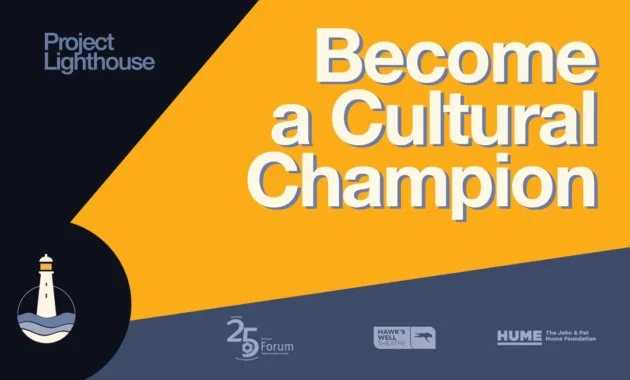 lighthouse logo, yellow lights emanating from it, highlighting the word 'become a cultural champion'... Project Lighthouse text logo, logos for the Hawk's Well Theatre, Millenium Forum, John & Pat Hume foundation