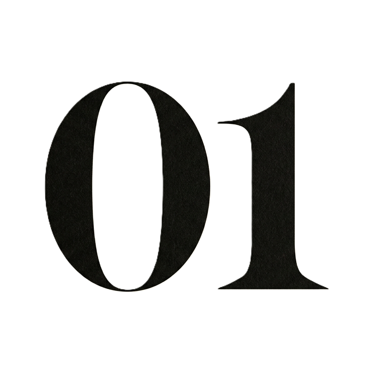 Close-up of the number 01 in large black font on a white background.
