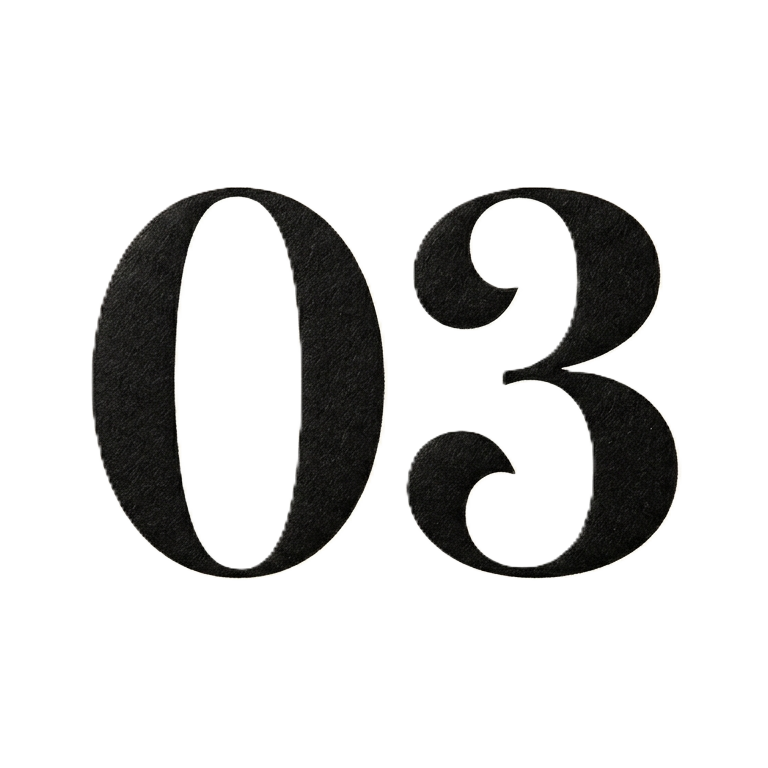 Close-up of black numbers "03" on a white background.
