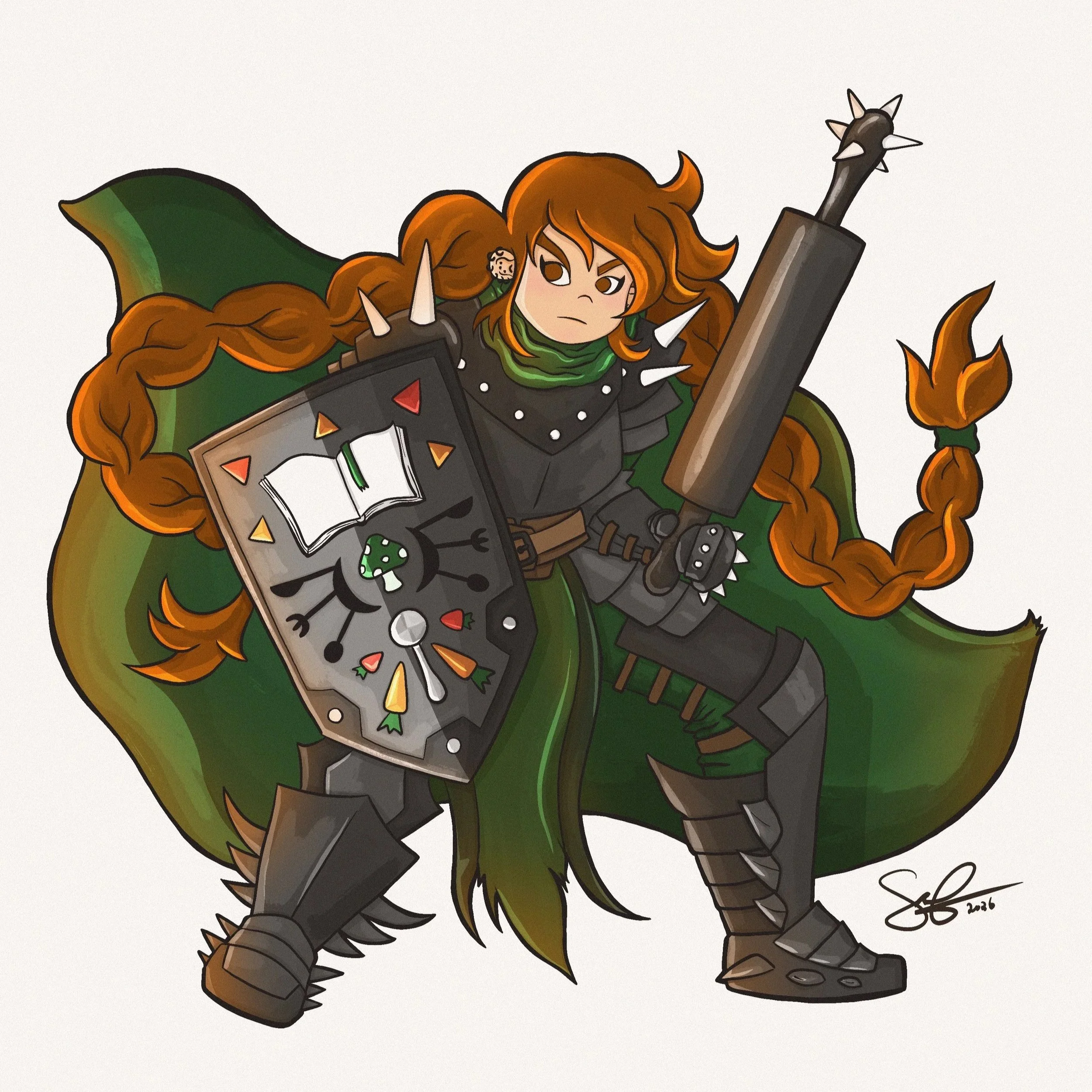 San prête au combat armée d'un rouleau à pâte et d'un bouclier