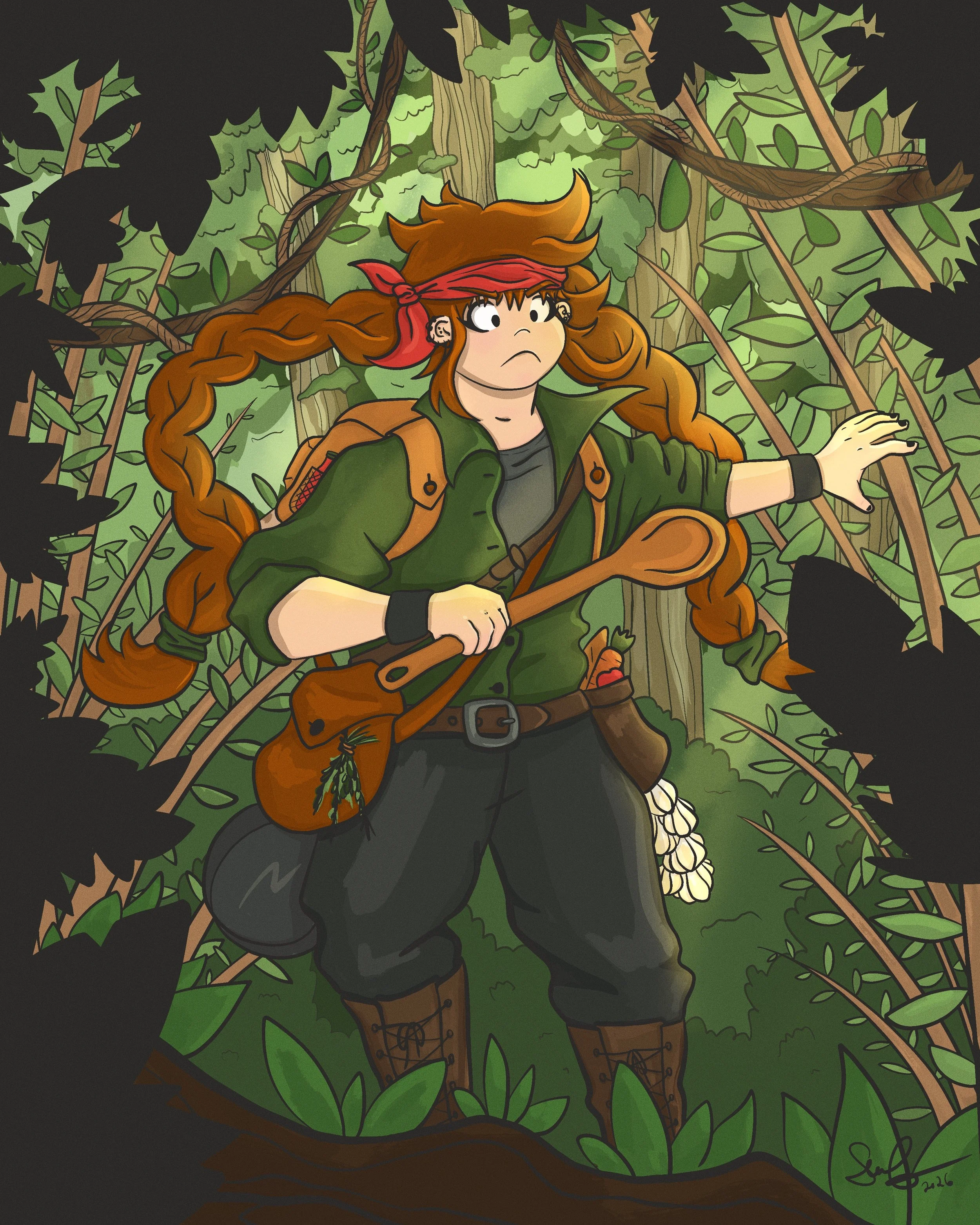 San en train d'explorer la jungle alimentaire armée d'une cuillère en bois, d'une poêle et d'une chiée de légumes et d'aliments délicieux