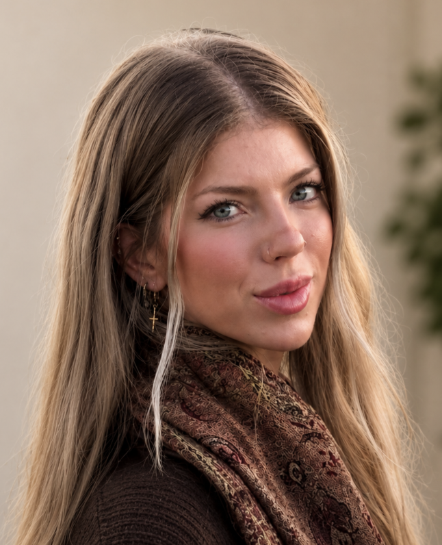 A young woman with long, blonde hair and blue eyes, wearing a brown top and a patterned scarf, standing indoors with a neutral background.