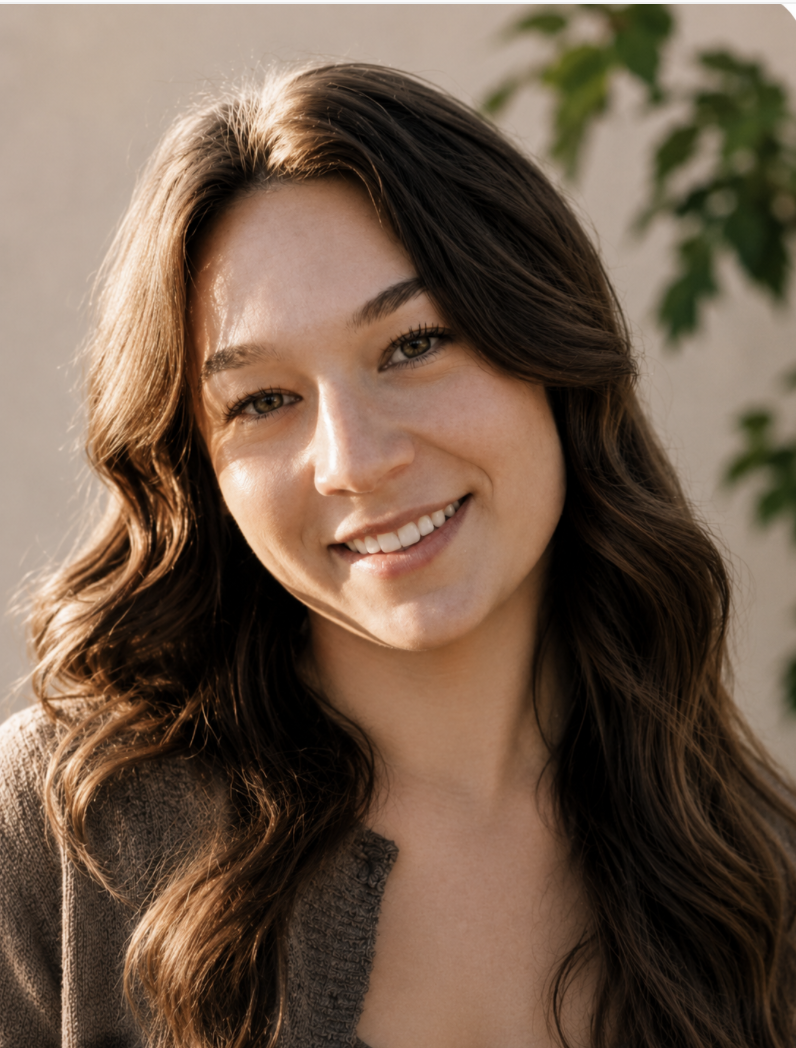Close-up of a young woman with long wavy brown hair, smiling, outdoors with blurred greenery in the background.