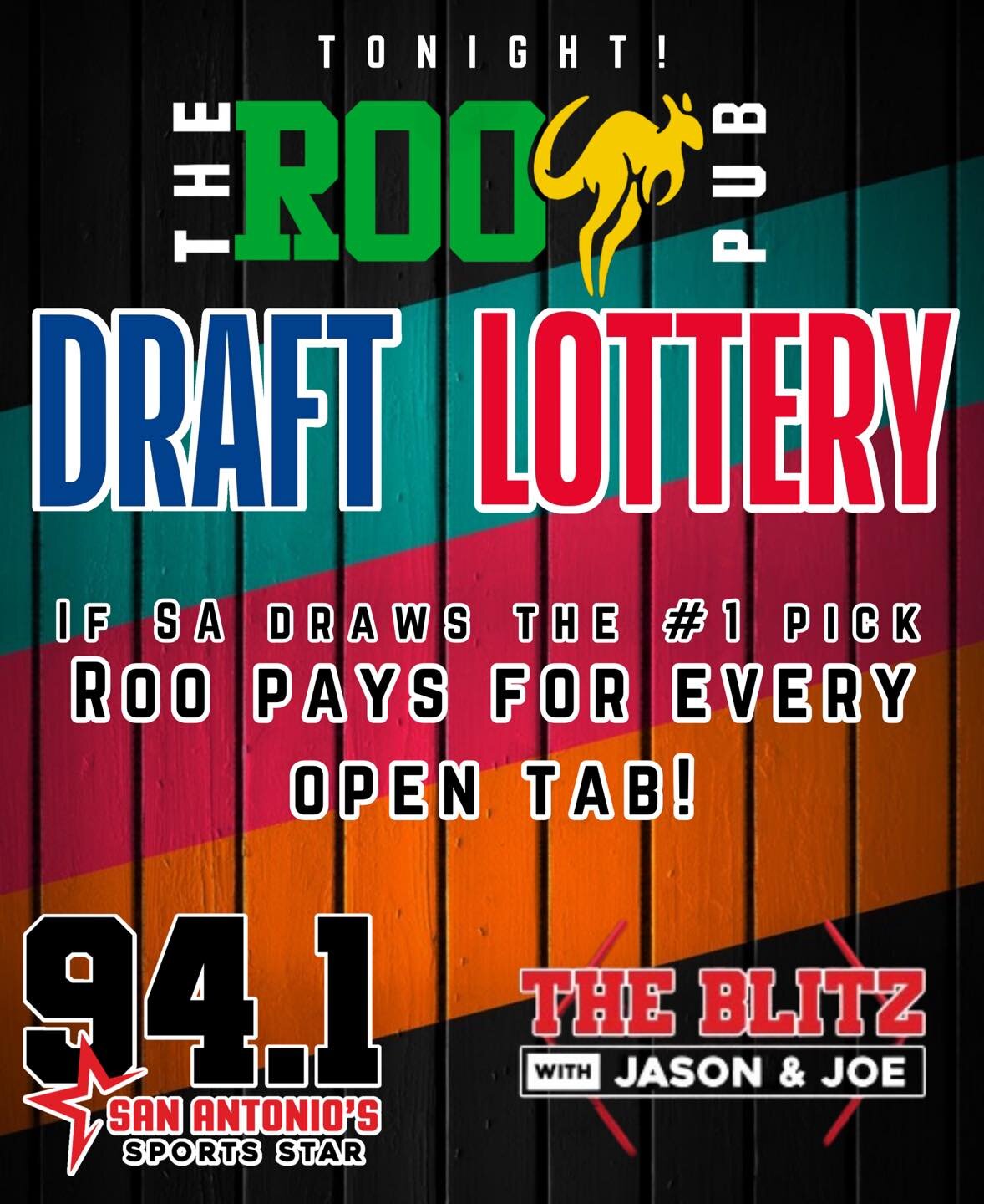 Tonight&rsquo;s the night! 
Join us here at the Roo for a deal of a life time. I&rsquo;d the spurs draw the #1 pick, EVERY tab before the announcement will be on us! Get here early and claim your seat! This does not include gratuity TheBlitz
#TheRooP