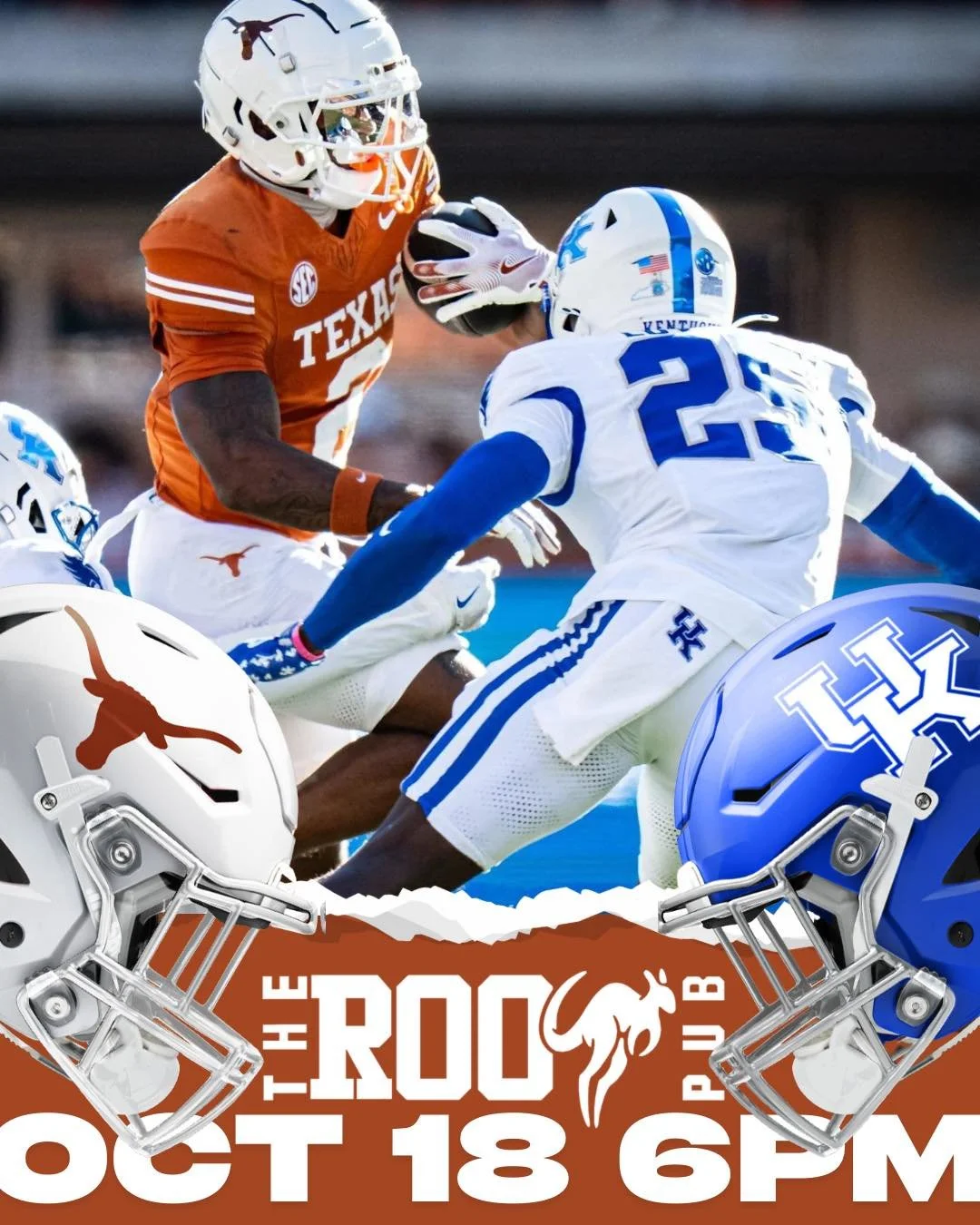 🤘🐂 GAME DAY at The Roo Pub! 🏈

Texas vs. Kentucky kicks off today at 6PM!
Catch every play, every touchdown, and all the game-day energy right here &mdash; the best place to watch the Longhorns in San Antonio! 🍻🔥

Let&rsquo;s go LONGHORNS! 🤘🧡
