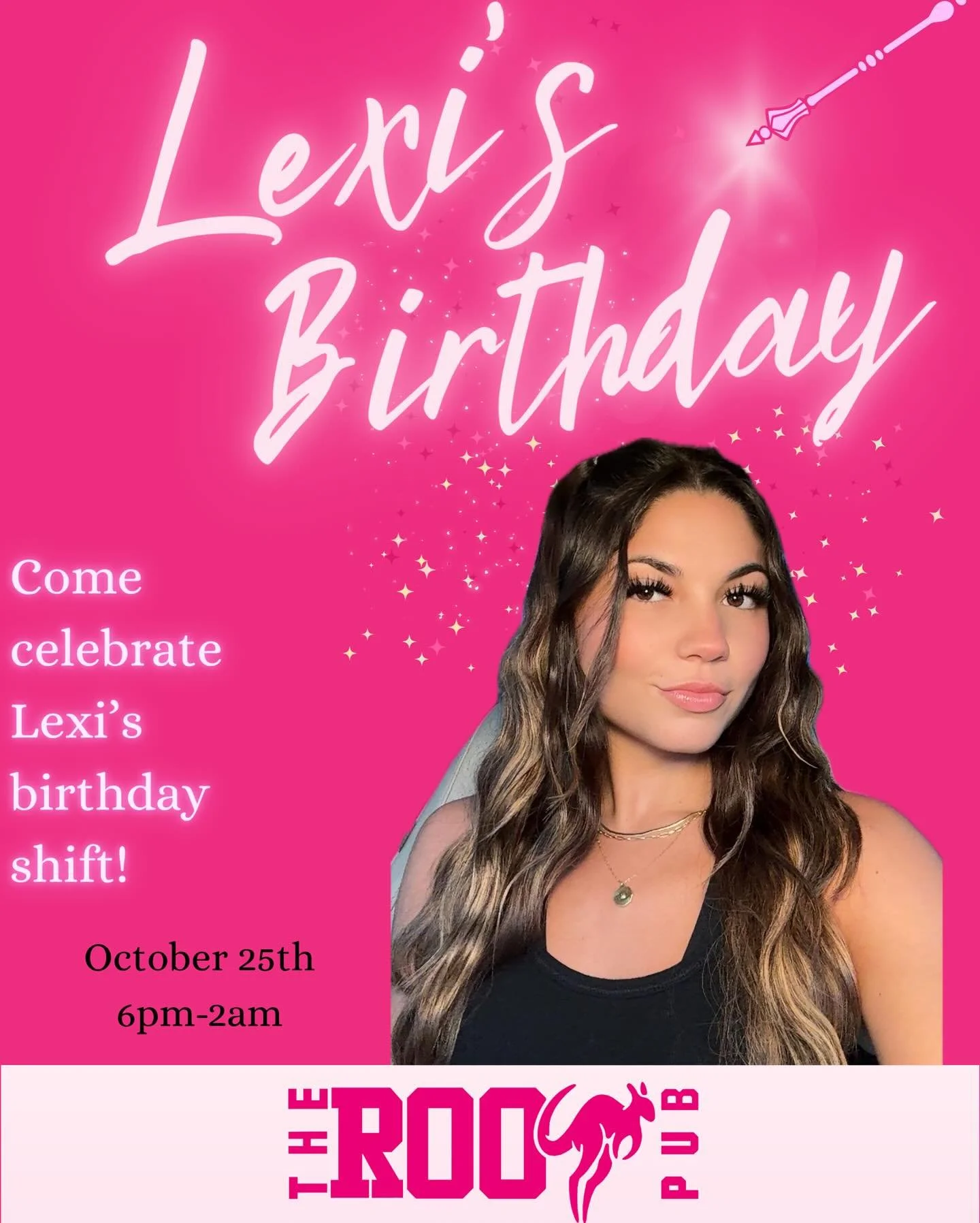 🎉 It&rsquo;s time to celebrate our girl Lexi! 🥳
Join us this Saturday night, Oct 25th at The Roo Pub for her birthday shift!

We&rsquo;ll be partying 6PM&ndash;2AM with all the drinks, music, and good vibes you can handle 🎈🍻
Come show Lexi some b