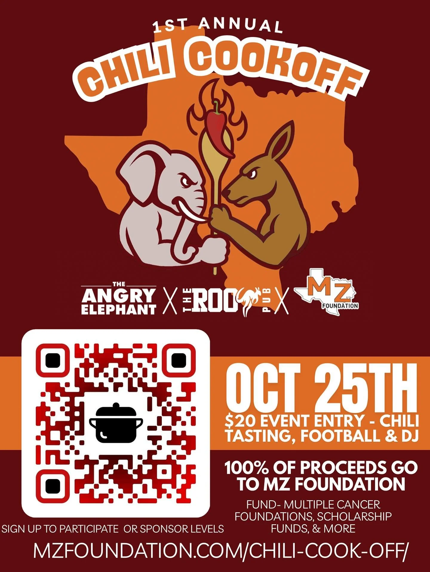 🔥 1st Annual Chili Cook-Off! 🔥
Join The Angry Elephant 🐘 and The Roo Pub 🦘 on October 25th for a day of chili tasting, football, and a live DJ!

💵 $20 door entry &mdash; 100% of proceeds benefit the MZ Foundation, supporting a variety of charita