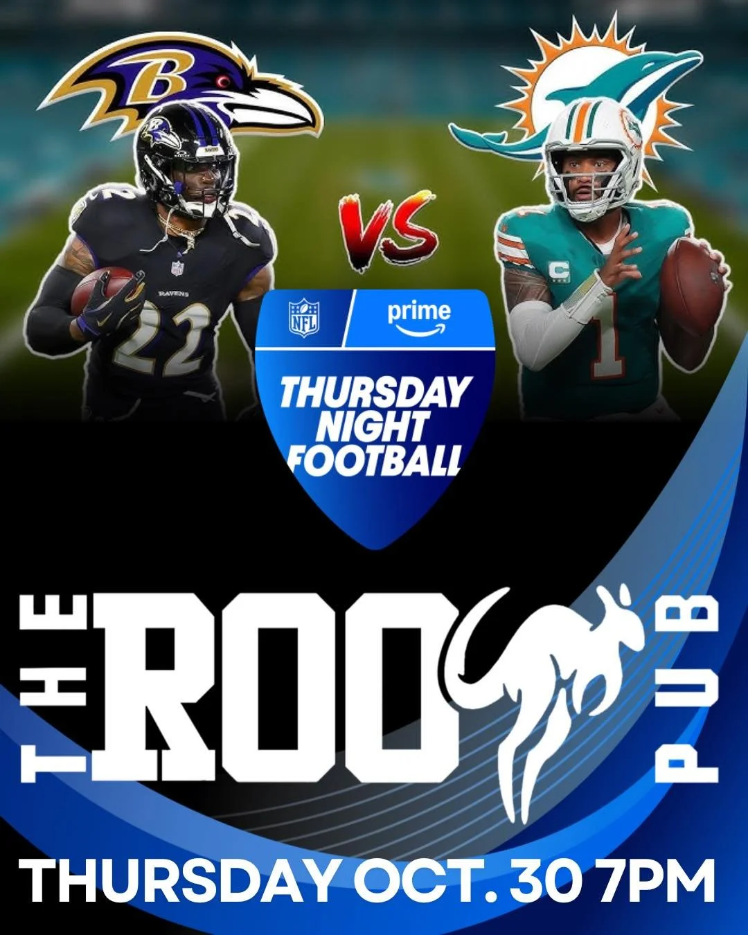 🦘 Thursday Night Football at The Roo Pub! 🏈
Tonight &mdash; October 30th at 7PM &mdash; it&rsquo;s the Ravens vs Dolphins showdown! 💜🐬

Big screens, cold beer, and the best crowd in San Antonio &mdash; you already know where to watch the game 🍻?