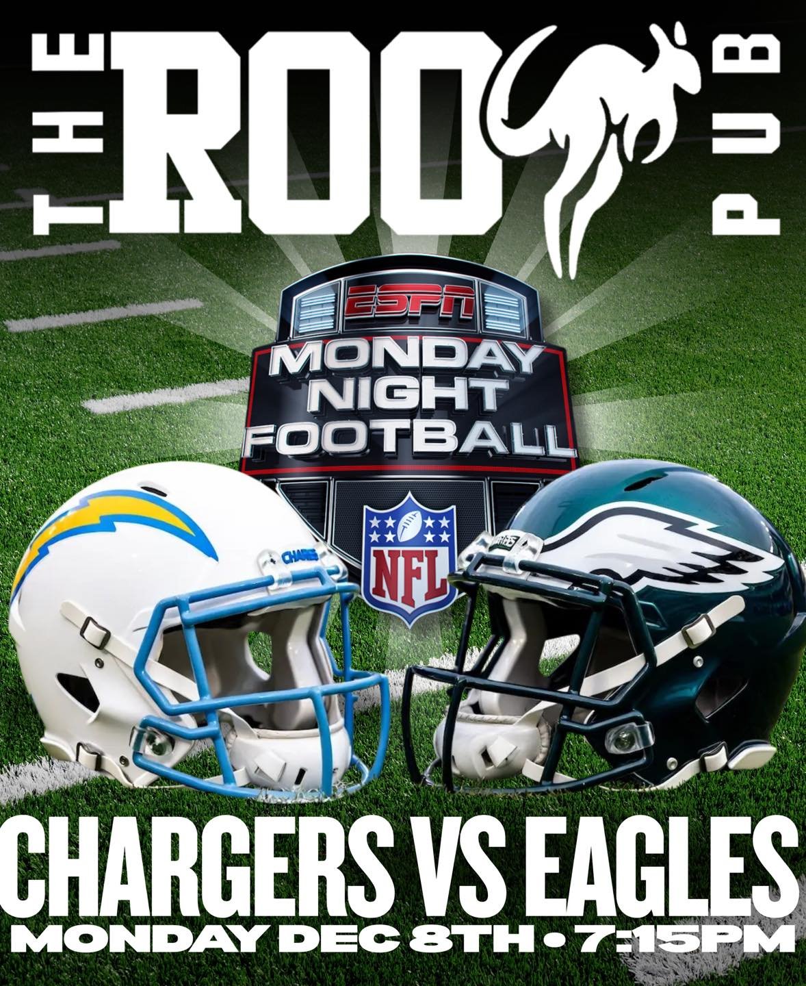 MONDAY NIGHT FOOTBALL at The Roo Pub!
Chargers vs Eagles kicks off at 7:15pm &mdash; come catch every play on our big screens with the best game-day energy in the city!

Cold drinks, good food, and football all night long.
See y&rsquo;all here! 🦘🏈✨