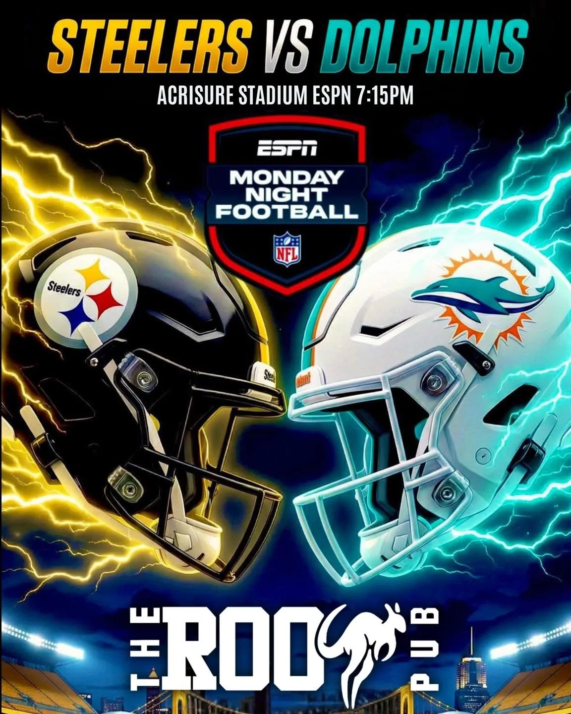 🏈⚡ MONDAY NIGHT FOOTBALL AT THE ROO ⚡🏈

Steelers 🖤💛 vs Dolphins 🐬💙
📍 Acrisure Stadium
⏰ Kickoff at 7:15 PM

Two teams. One massive matchup. Ice-cold drinks, big screens, and the best game-day energy in town. Grab your crew and post up &mdash; 