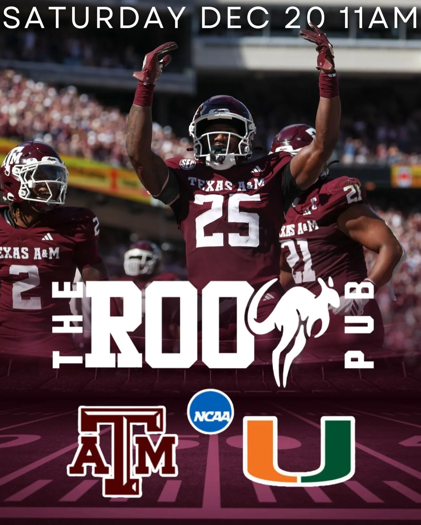 🔥 GAME DAY AT THE ROO PUB 🔥

🏈 Texas A&amp;M vs Miami
🕚 Kickoff at 11AM

Grab a drink, find your seat, and cheer on the Aggies with us. Big screens, cold beers, and unbeatable game-day vibes. 🦘🍻
Let&rsquo;s go Aggies!

📍 The Roo Pub
🍔🍺 Where