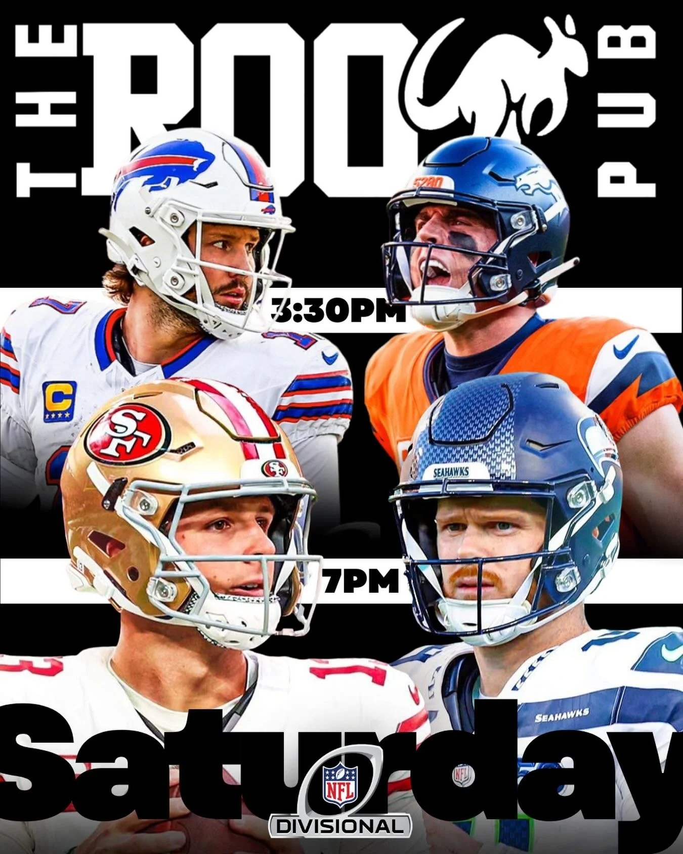 🔥 TODAY IS GAME DAY! 🔥
Doubleheader on the big screen at The Roo Pub &mdash; playoffs don&rsquo;t wait!

🏈 3:30PM &mdash; Bills @ Broncos 🟦➡️🟧
Watch Buffalo battle Denver in an AFC Divisional showdown! ￼

🏈 7PM &mdash; 49ers @ Seahawks 🔴➡️🟦
S