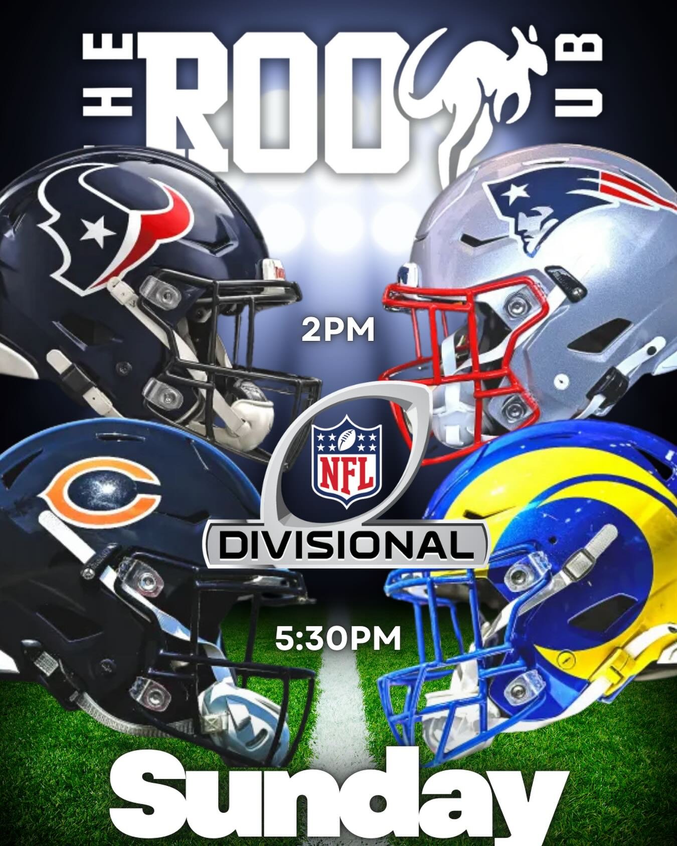 🏈 NFL DIVISIONAL SUNDAY at The Roo Pub 🏈

Big screens. Cold drinks. Back-to-back playoff football.

⏰ 2PM
Houston Texans 🆚 New England Patriots

⏰ 5:30PM
Chicago Bears 🆚 Los Angeles Rams

Grab a seat, grab a drink, and settle in &mdash; Sunday fo