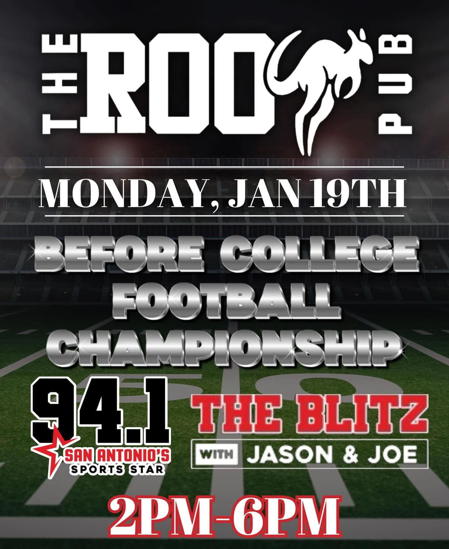 🏈🔥 GAME DAY AT THE ROO PUB 🔥🏈

We&rsquo;re getting warmed up before the College Football Championship with a live broadcast you don&rsquo;t want to miss 👀🍻

📅 Monday, Jan 19th
⏰ 2PM&ndash;6PM
🎙️ 94.1 San Antonio&rsquo;s Sports Star &ndash; Th