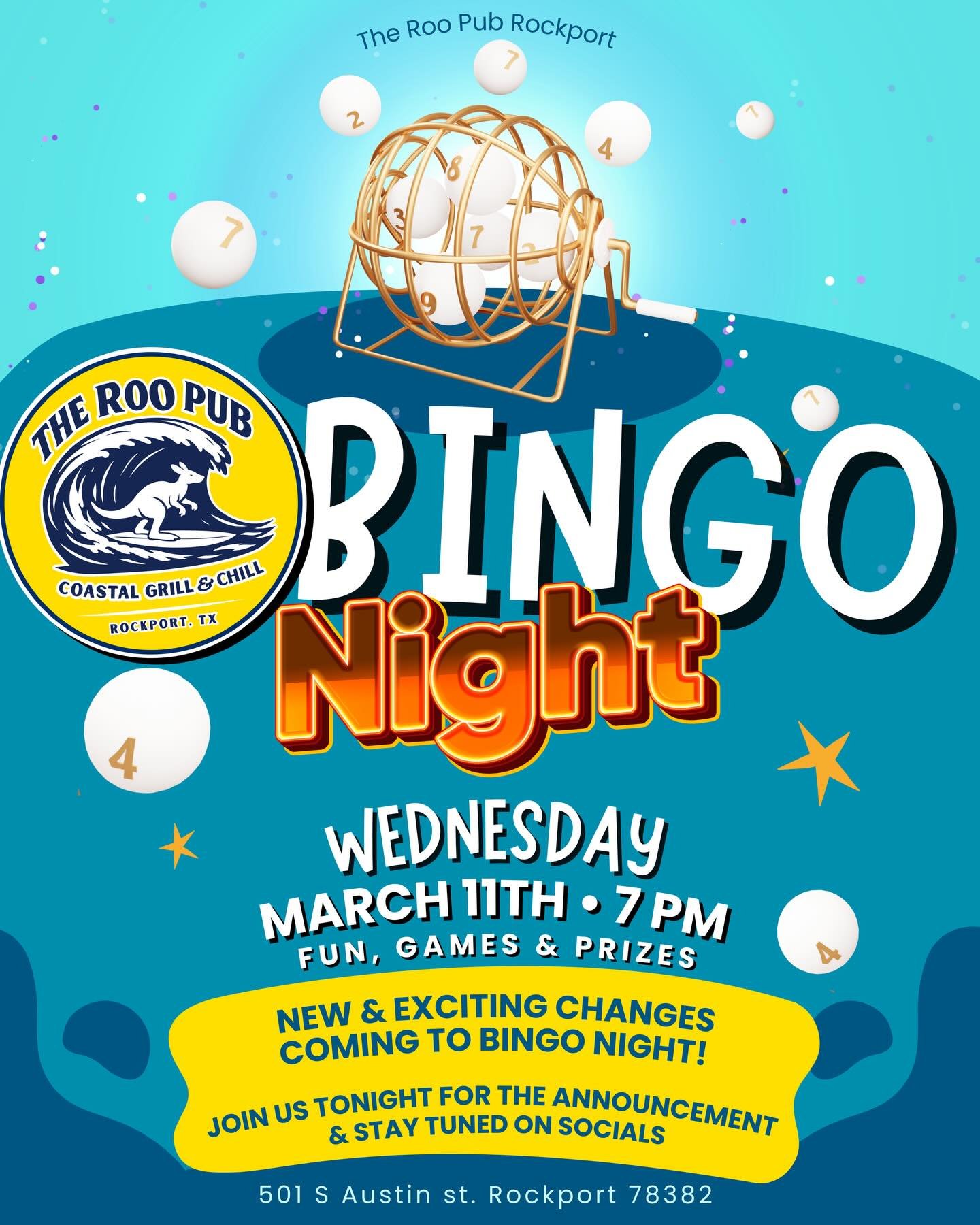 Alright Rockport&hellip; it&rsquo;s Bingo Night at The Roo Pub Coastal Grill &amp; Chill 🎱

Join us Wednesday, March 11th at 7PM for a night of fun, games, prizes, and a few NEW surprises coming to bingo night. 👀

We&rsquo;ve got exciting changes o