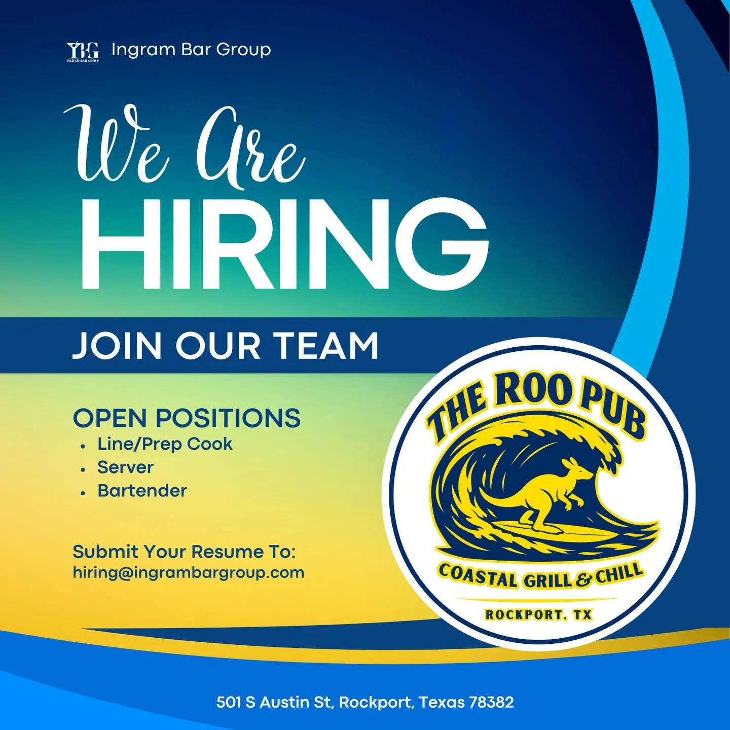 🚨 We&rsquo;re Hiring at The Roo Pub &ndash; Rockport! 🦘🌊

Want to work by the coast with a fun, fast-paced team? The Roo Pub Coastal Grill &amp; Chill is looking to add some great people to the crew!

Open Positions:
&bull; Line / Prep Cook
&bull;