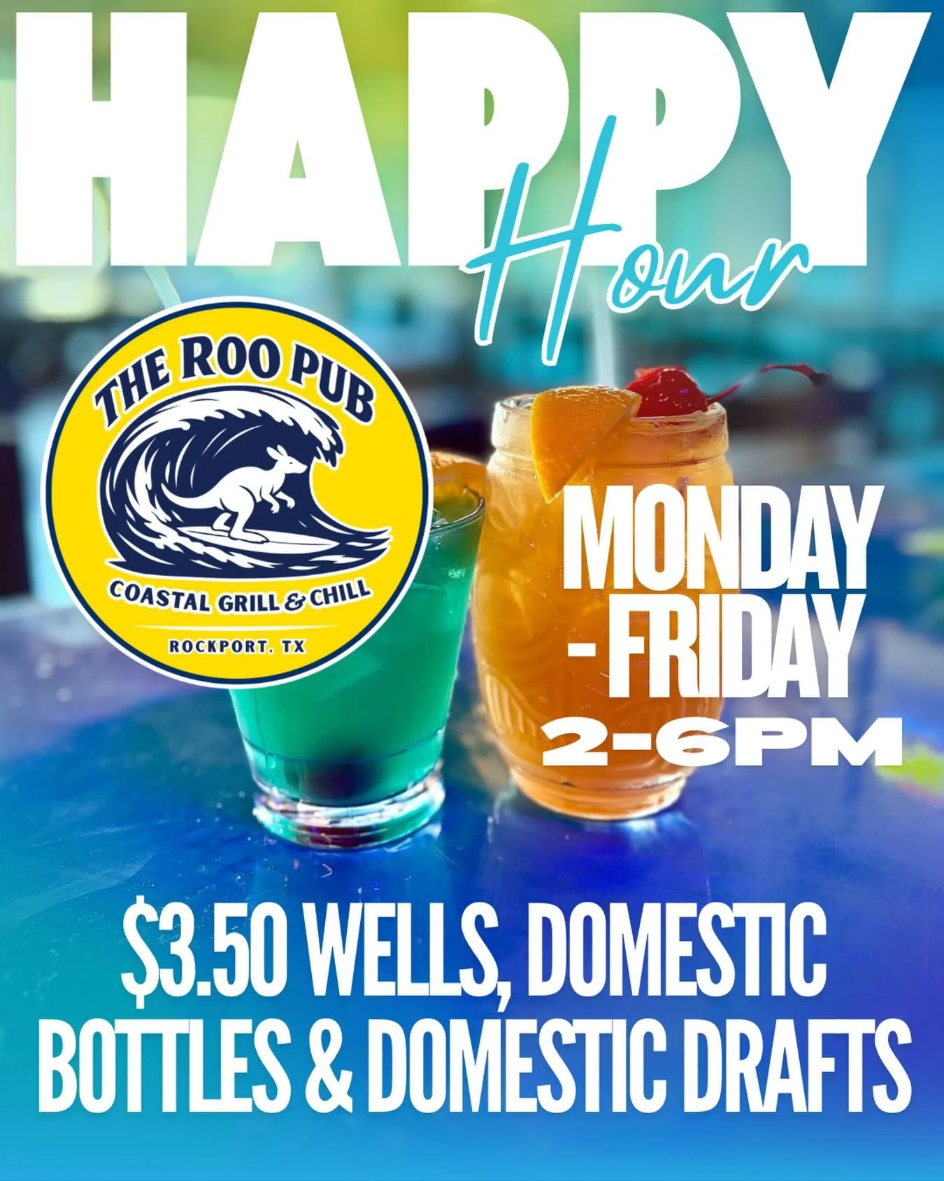 NEW Happy Hour just dropped at The Roo Pub Coastal Grill &amp; Chill 🍻

Join us Monday&ndash;Friday from 2&ndash;6PM for:
🍹 $3.50 Wells
🍺 $3.50 Domestic Bottles
🍺 $3.50 Domestic Drafts

Cold drinks, coastal vibes, and the perfect excuse to leave 
