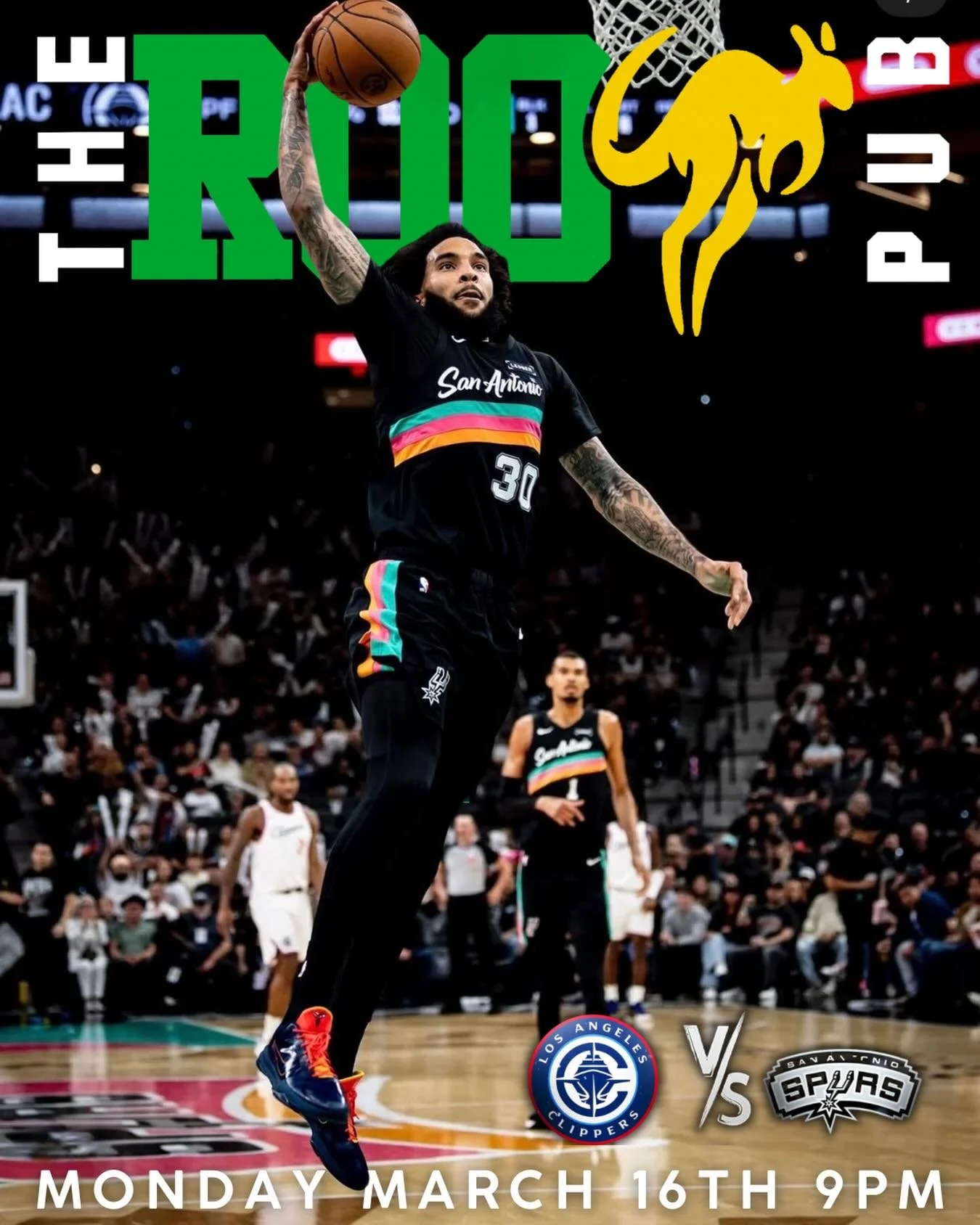 🏀 Game Night at the Roo

The San Antonio Spurs take on the Los Angeles Clippers tonight at 9PM.

Cold drinks, big screens, and the best place in town to watch the game.
Grab your crew and catch every play with us at The Roo Pub 🍻

#TheRooPub #Spurs