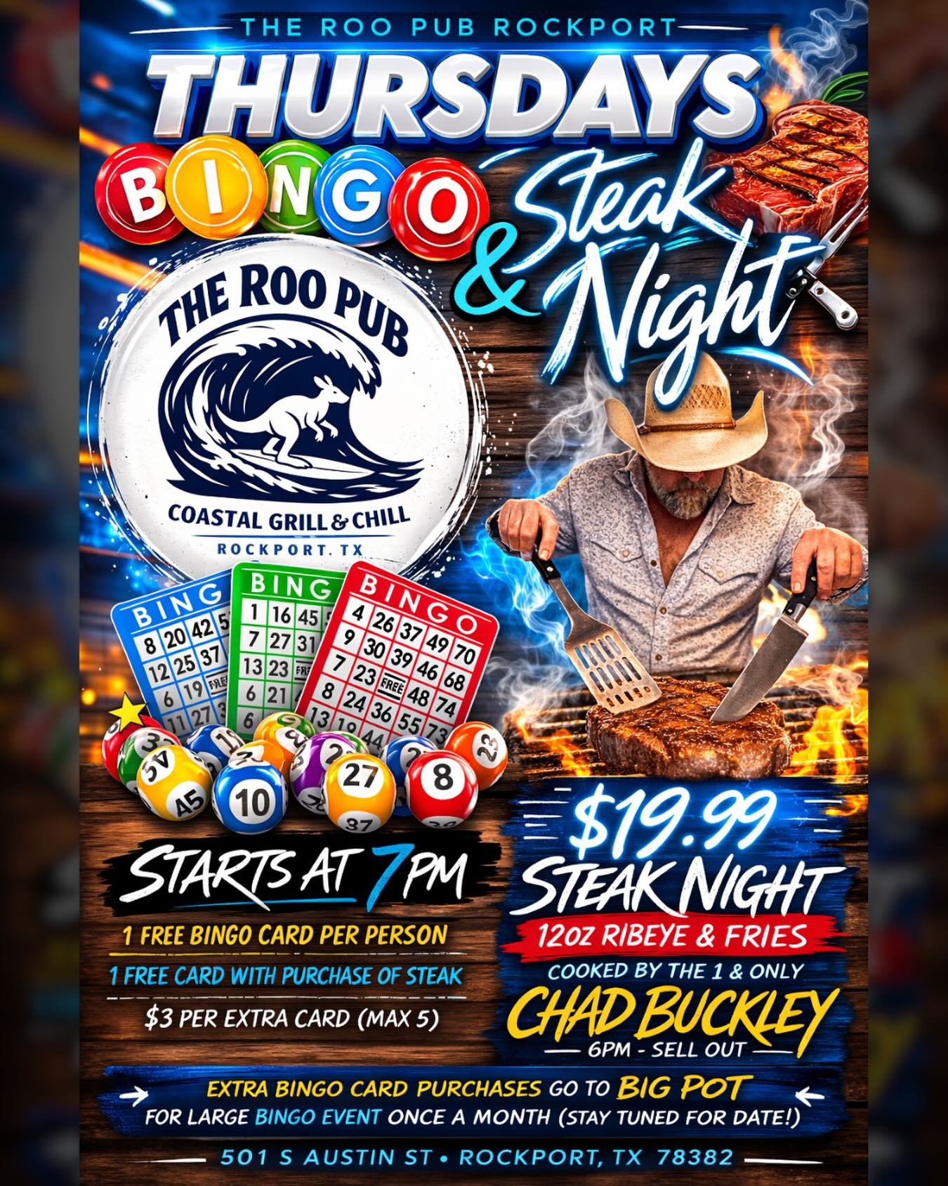 STARTING TONIGHT!
Join us at The Roo Pub Rockport for Bingo &amp; Steak Night every Thursday!

🥩 $19.99 Steak Night
12oz Ribeye &amp; Fries
Cooked by the one &amp; only Chad Buckley
⏰ Starts at 6PM &ndash; until sell out

🎱 Bingo starts at 7PM
&bul