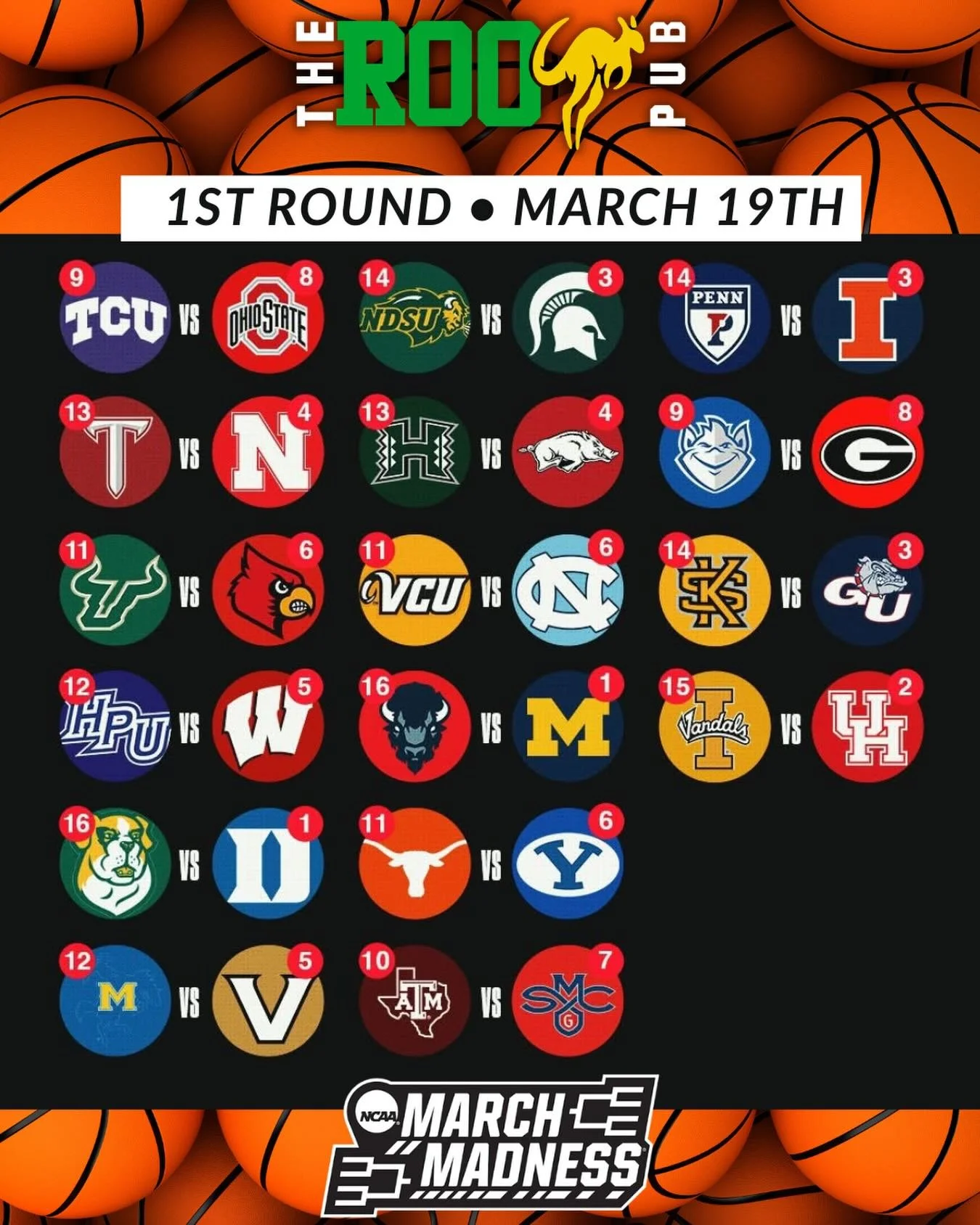 March Madness is HERE &mdash; Round 1 tips off TODAY at The Roo Pub!
Cold beers 🍻, game sound on 🔊, and wall-to-wall hoops all day long.

Who&rsquo;s your team? 👀

No better place to ride the madness than The Roo 🦘

#TheRooPub #MarchMadness #Game