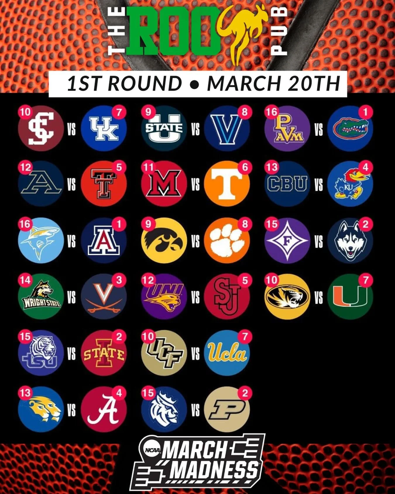 Madness &ndash; First Round Day 2 🏀🔥

The madness rolls on and there&rsquo;s no better place to catch every game than The Roo Pub 🍻

All the action, all day long &mdash; big screens, cold drinks, and the best atmosphere in town.
Upsets, brackets b