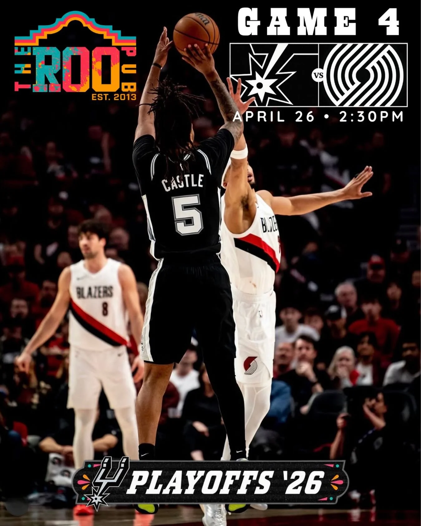 Game 4 energy is DIFFERENT today 😤🔥

Spurs vs Blazers is going down and there&rsquo;s only one place you want to be &mdash; The Roo Pub.

🏀 Game 4
📅 April 26
⏰ 2:30 PM

Big screens. Loud crowd. Ice cold drinks.
Every play hits harder here.

Pull 
