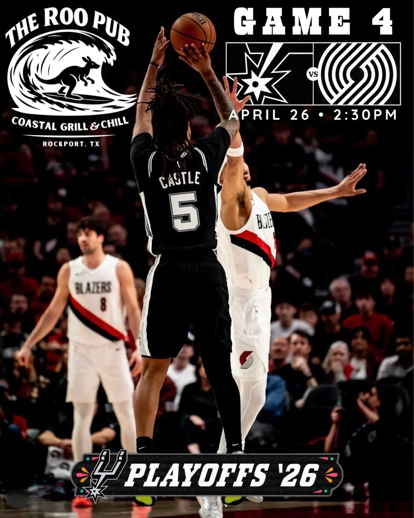 Game 4 on the coast 🌊🔥

Spurs vs Blazers is going down and The Roo Pub Rockport is the spot to catch every second.

🏀 Game 4
📅 April 26
⏰ 2:30 PM

Cold drinks, coastal vibes, and a crowd that gets loud every bucket.

Kick back, grab a drink, and 