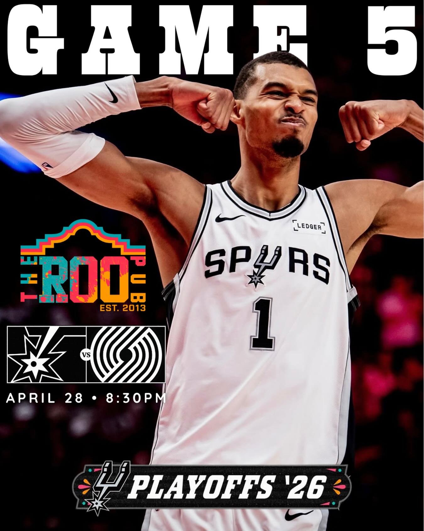 GAME 5 ENERGY 🔥
Spurs vs Trail Blazers &mdash; 8:30PM

We&rsquo;re calling it now&hellip; Spurs close it out TONIGHT 😤
Catch every play right here at The Roo Pub &mdash; the BEST place to catch all the spurs action 🔥🔥🔥

Cold drinks. Big screens.