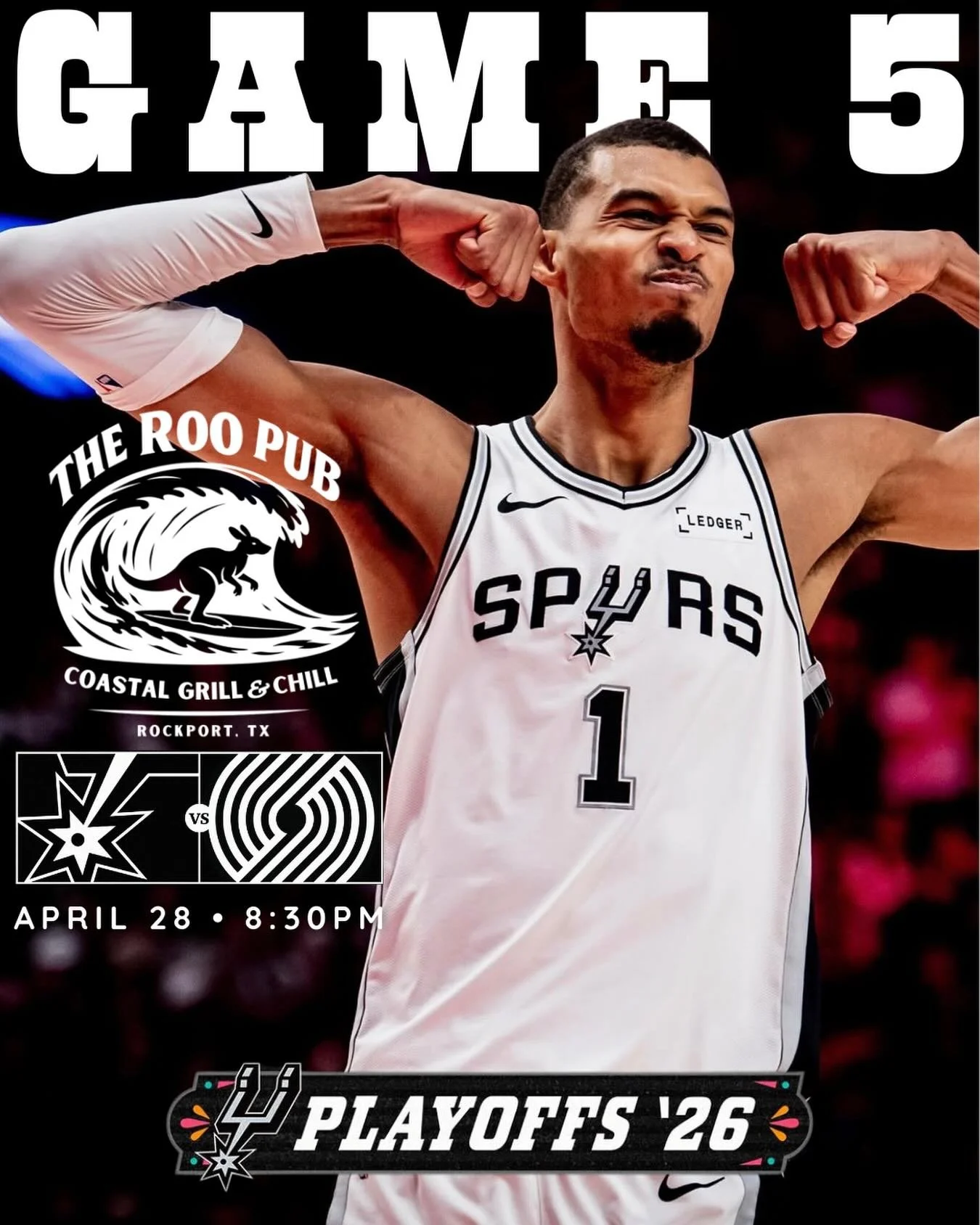 GAME 5 ENERGY 🔥
Spurs vs Trail Blazers &mdash; 8:30PM

We&rsquo;re calling it now&hellip; Spurs close it out TONIGHT 😤
Catch every play right here at The Roo Pub Rockport &mdash; your go-to spot on the coast.

Cold drinks. Coastal vibes. Big screen