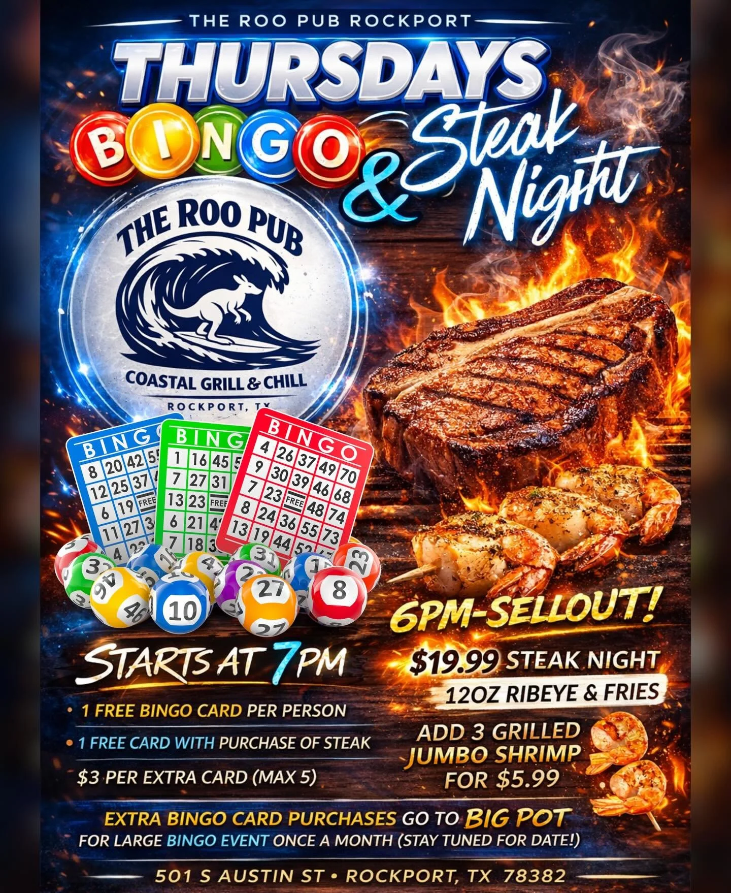 Thursdays in Rockport = locked in 🔥

Bingo kicks off at 7PM, then it&rsquo;s steak night from 6PM till sellout 🥩
$19.99 gets you a 12oz ribeye &amp; fries&mdash;add 3 grilled jumbo shrimp for $5.99 🍤

Cold drinks, bingo cards, and a steak that hit